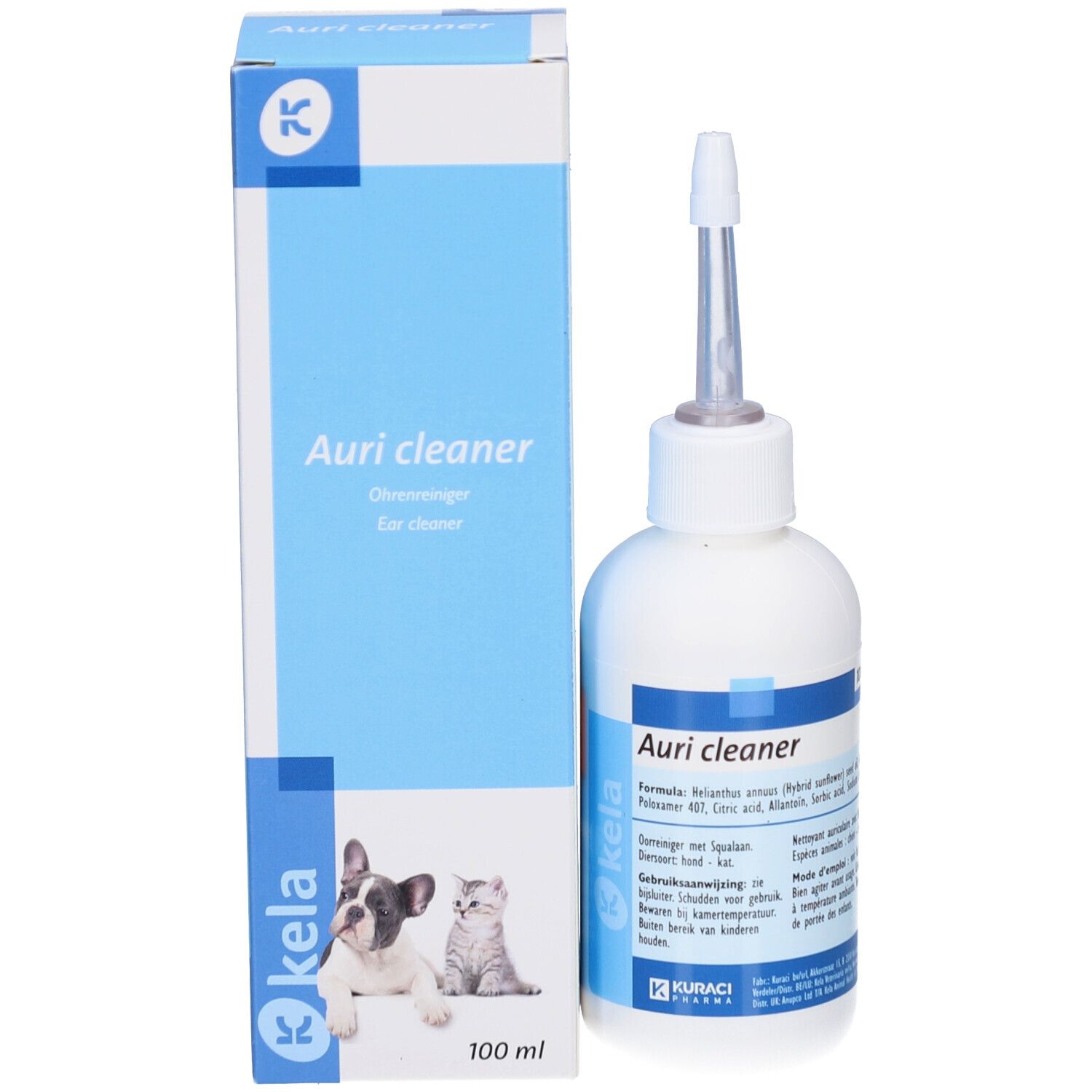Flacon et emballage Kela Auri Cleaner. Emballage bleu avec images et texte. 100 ml.