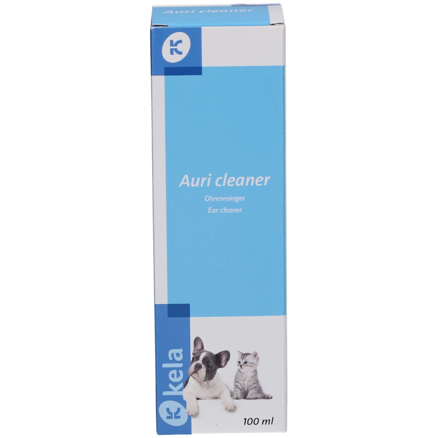 Emballage bleu. Kela Auri Cleaner. Image du produit et texte. 100 ml.