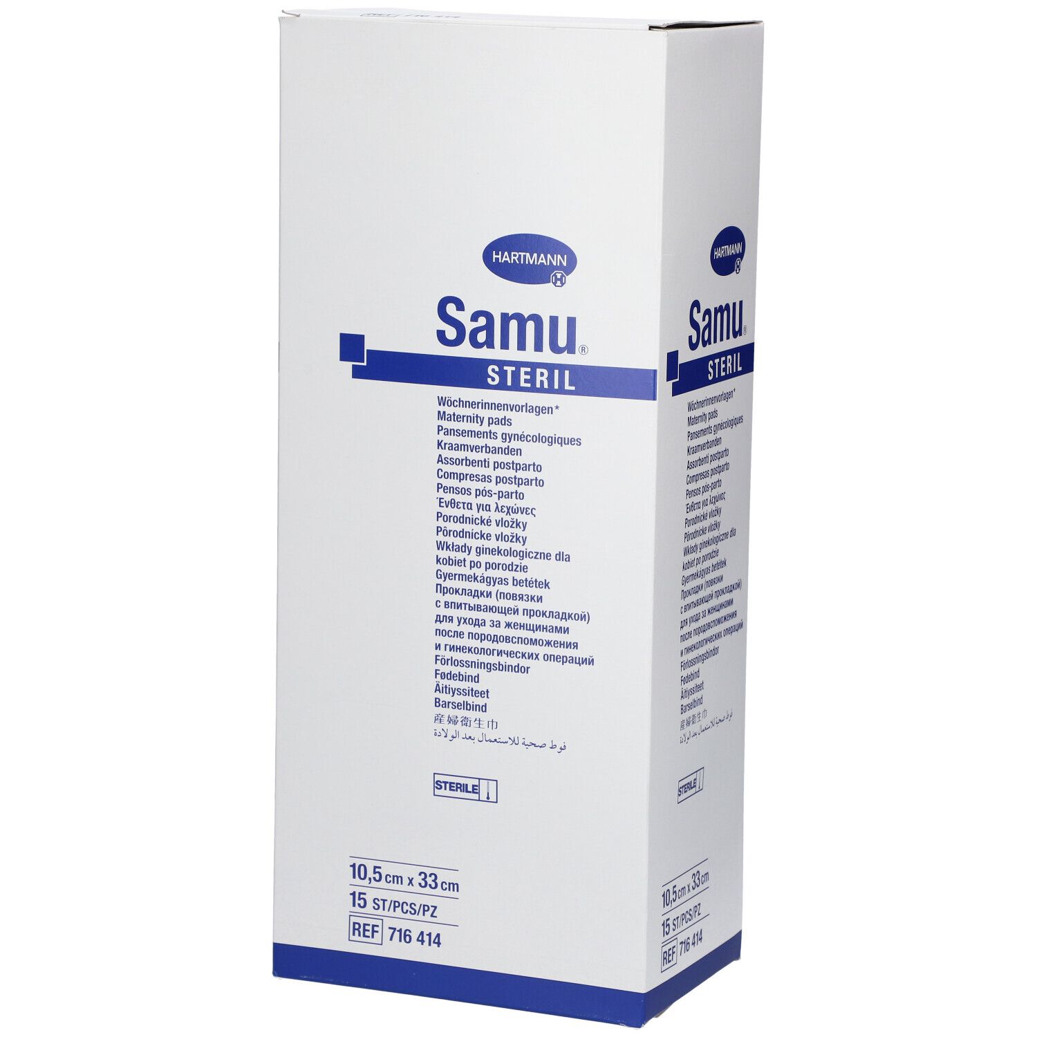 Boîte Hartmann Samu Steril blanche avec texte bleu. Contient 15 pièces. Dimensions : 10,5 x 33 cm. Nom du produit et logo visibles.