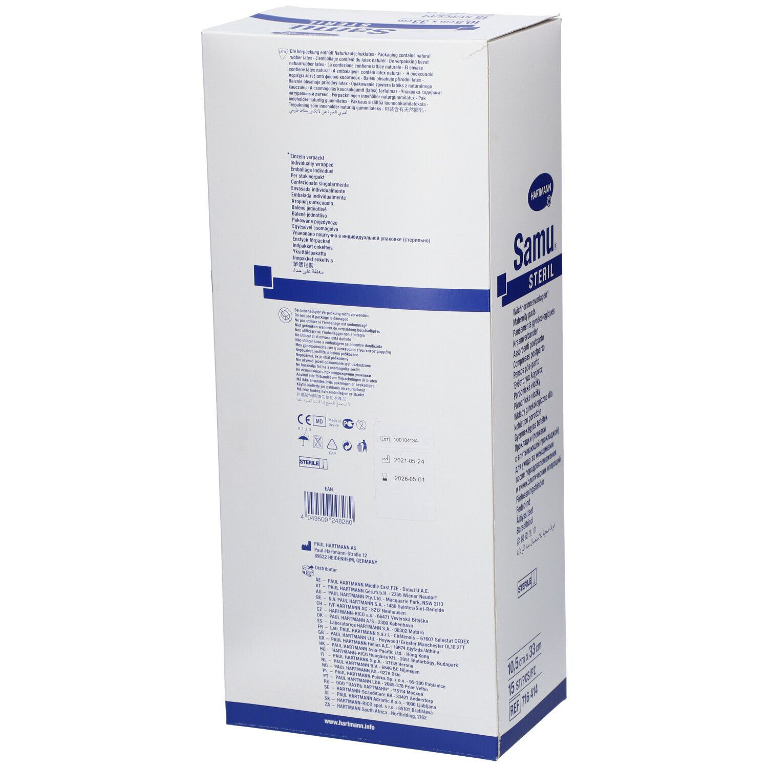 Dos de l'emballage Hartmann Samu Steril. Boîte blanche avec texte multilingue. Symbole stérile et numéro de lot.