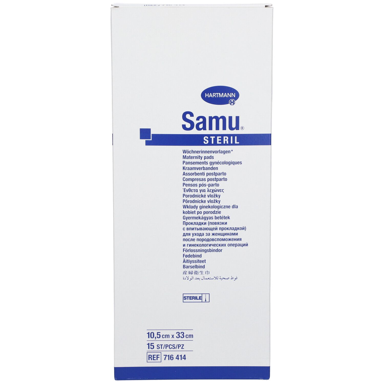 Emballage Hartmann Samu Steril. Boîte blanche avec texte bleu. Contient 15 pièces. Dimensions : 10,5 x 33 cm. Nom et logo du produit clairement visibles.