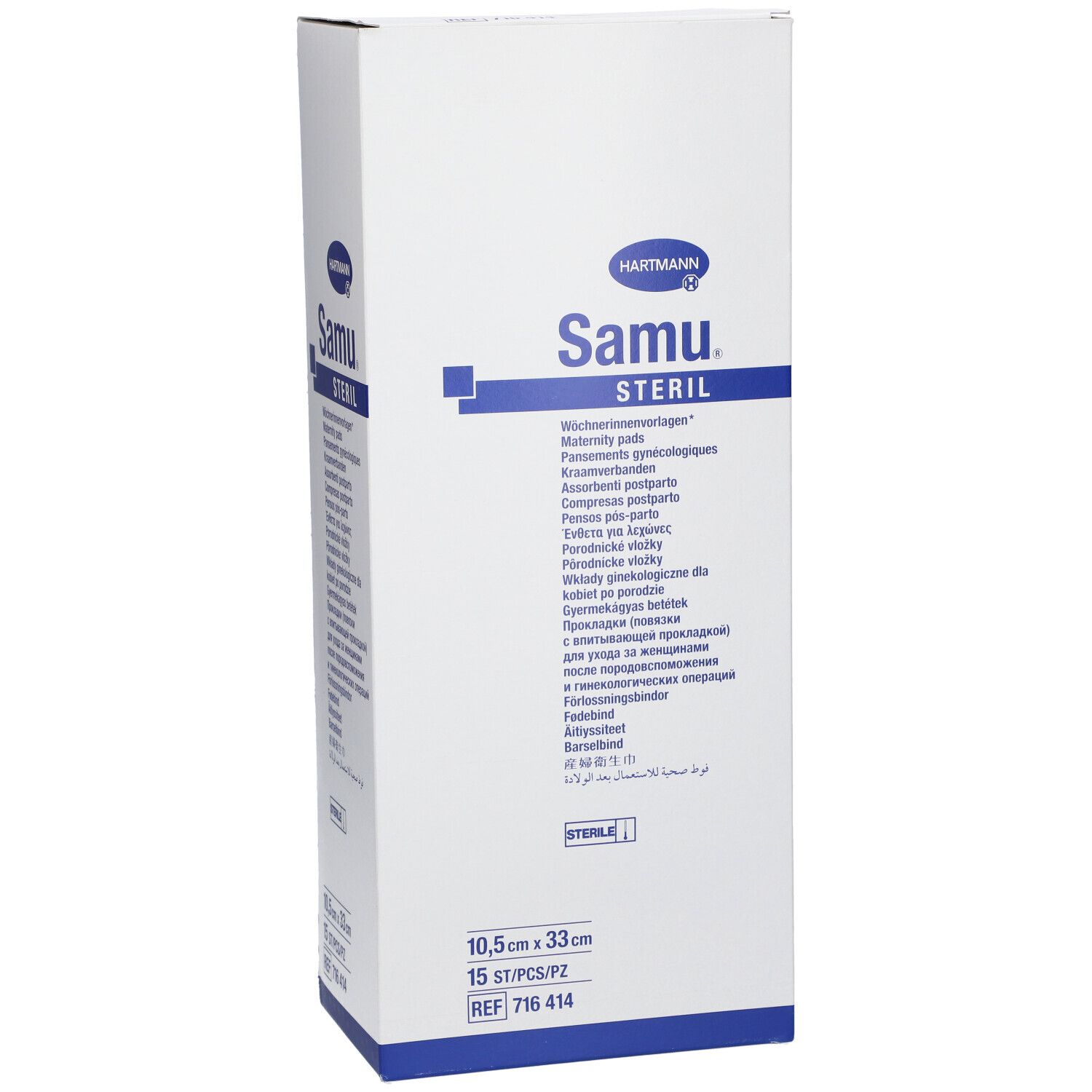 Emballage Hartmann Samu Steril. Boîte blanche avec texte bleu. Contient 15 pièces. Dimensions : 10,5 x 33 cm. Nom et logo du produit clairement visibles.