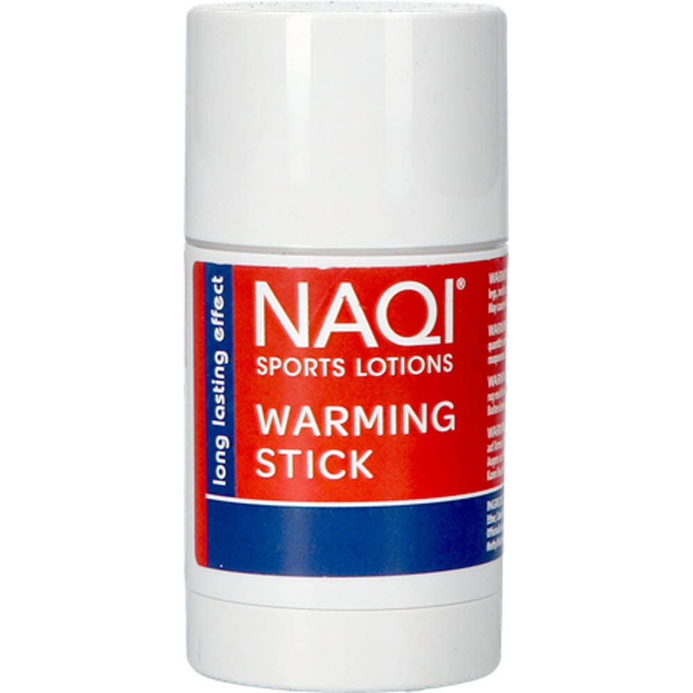 Stick cylindrique blanc avec étiquette rouge. Inscription : NAQI SPORTS LOTIONS, WARMING STICK. Accents bleus et blancs.