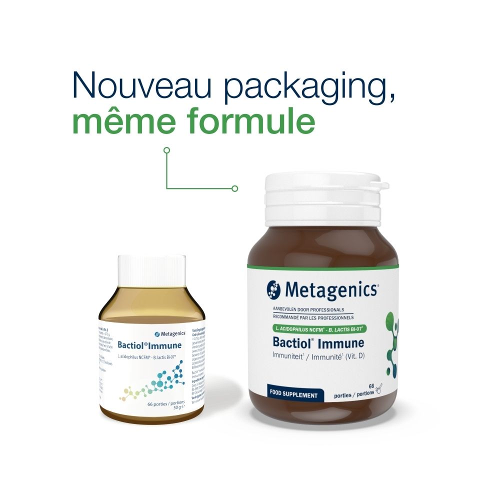 Deux flacons Bactiol® Immune. Un petit et un grand. Texte: Nouveau packaging, même formule.