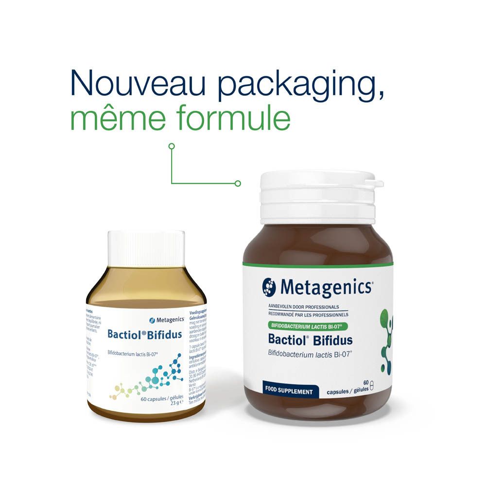 Flacon marron avec bouchon blanc. Inscription: Metagenics Bactiol Bifidus. Contient des gélules.