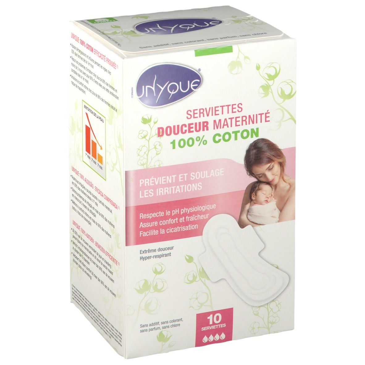 Boîte de Serviettes Douceur Maternité Unyque, 100% coton. Illustration d'une mère et son bébé, ainsi qu'une serviette. Contient 10 serviettes.