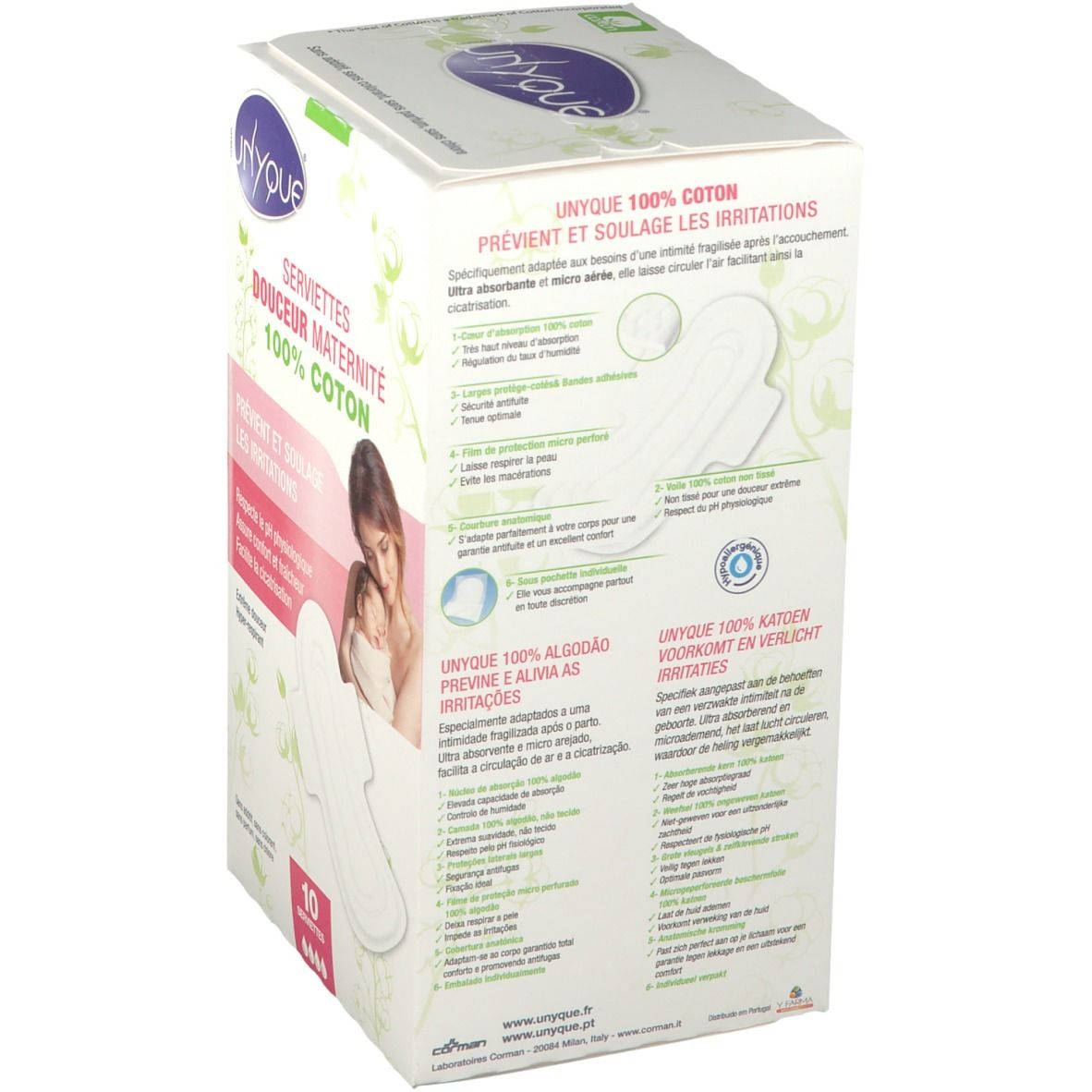 Boîte de Serviettes Douceur Maternité Unyque, 100% coton. Texte en français, néerlandais et portugais. Illustration d'une mère et son bébé.