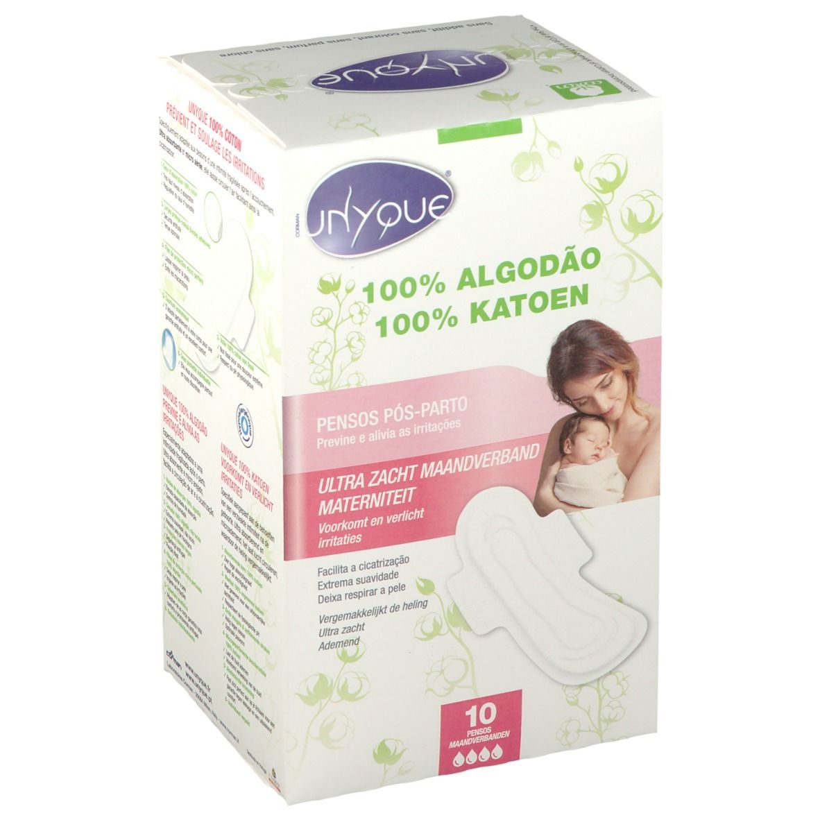 Boîte de Serviettes Douceur Maternité Unyque, 100% Algodão/Katoen. Illustration d'une mère et son bébé, ainsi qu'une serviette. 10 pièces.