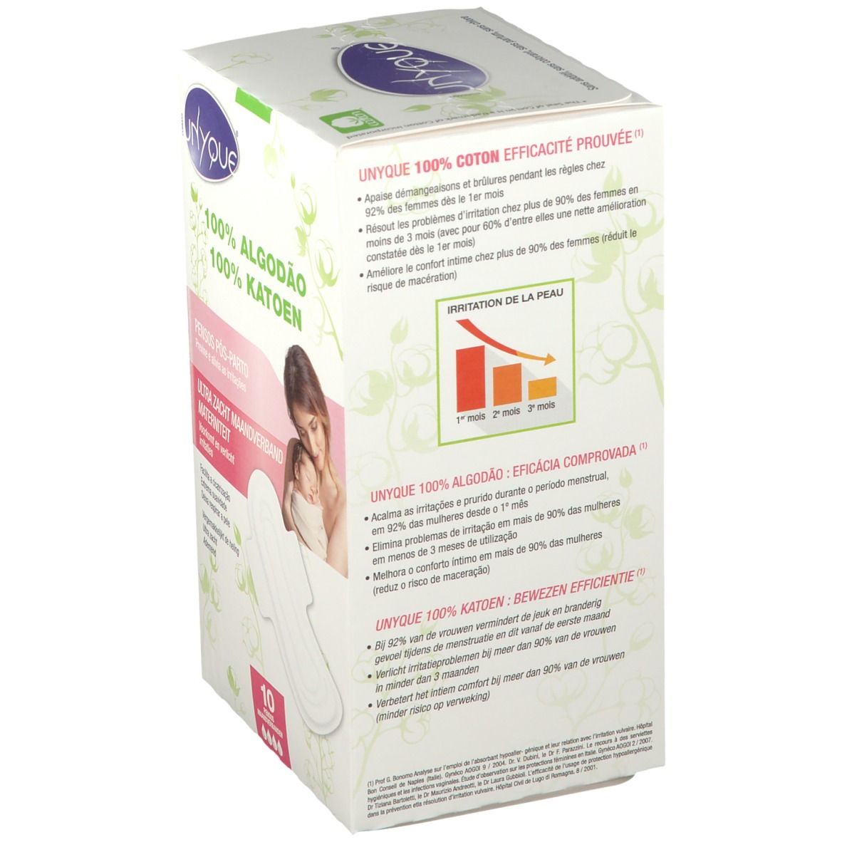 Boîte de Serviettes Douceur Maternité Unyque, 100% Algodão/Katoen. Texte en français, portugais et néerlandais. Illustration d'une mère et son bébé.