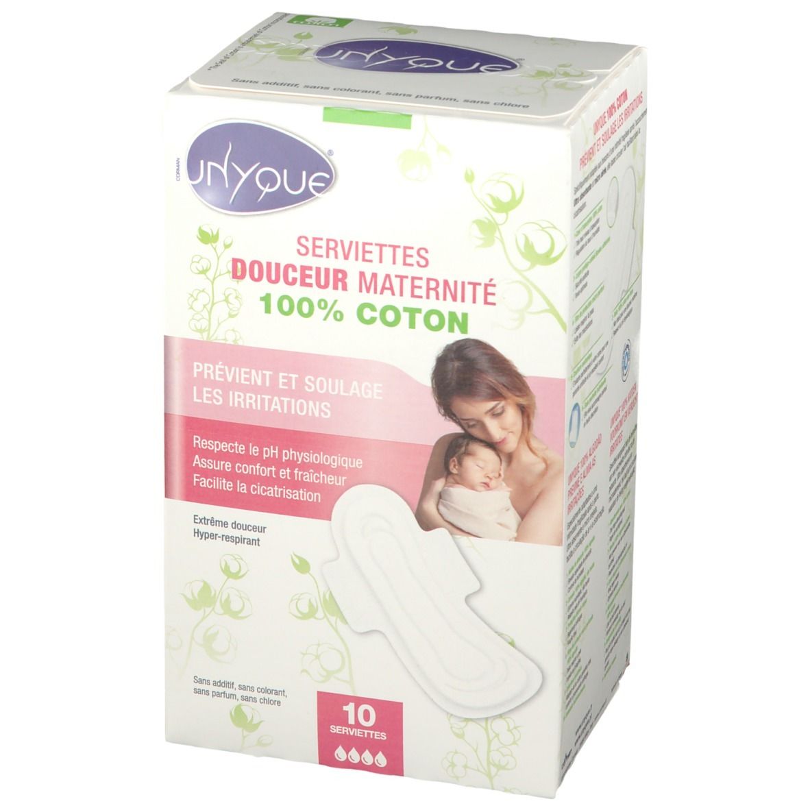 Boîte de Serviettes Douceur Maternité Unyque, 100% coton. Illustration d'une mère et son bébé, ainsi qu'une serviette. Contient 10 serviettes.