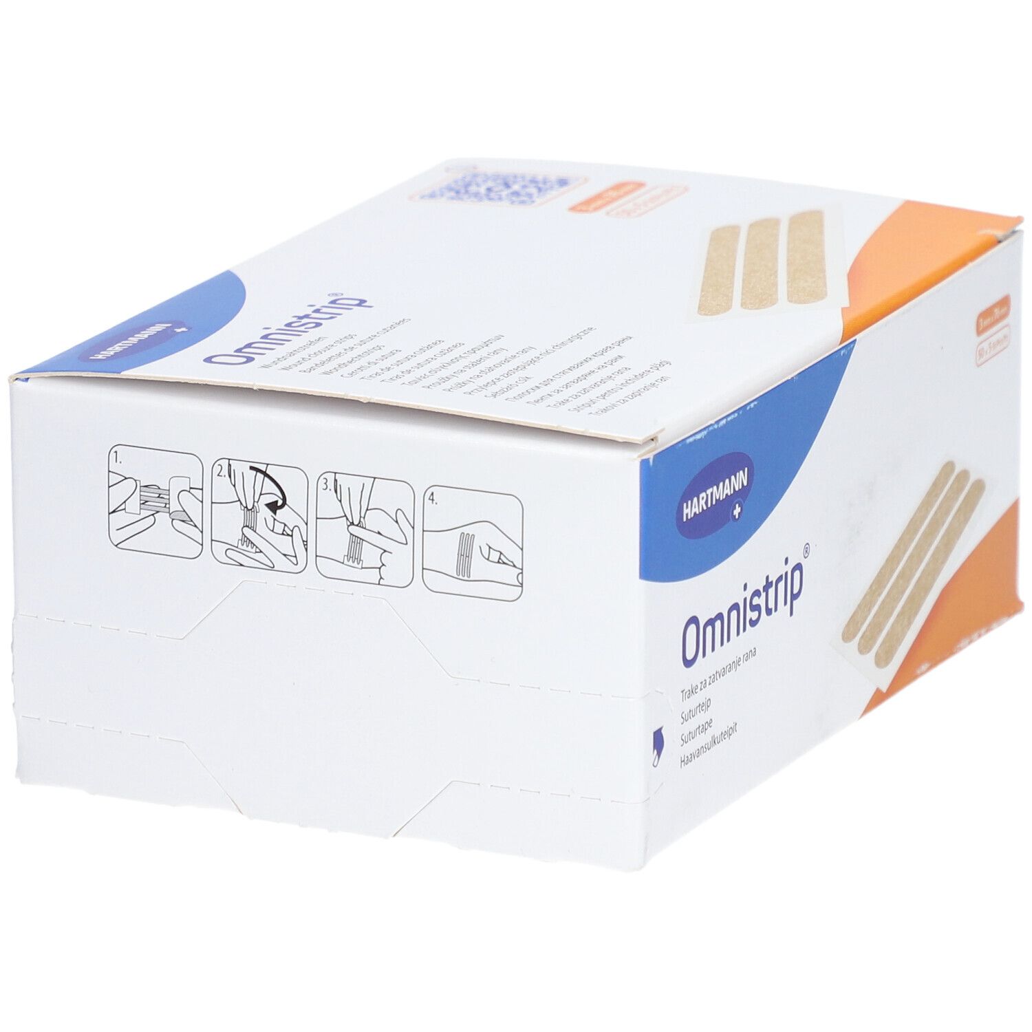 Emballage Omnistrip, Hartmann. Des exemples d'utilisation sont illustrés sur l'emballage. Image du produit avec trois bandes.