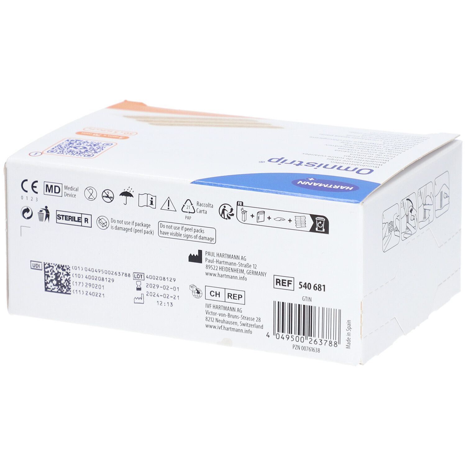 Emballage Omnistrip, Hartmann. Dos avec informations, marquage CE, numéro de lot, date de péremption et code-barres.