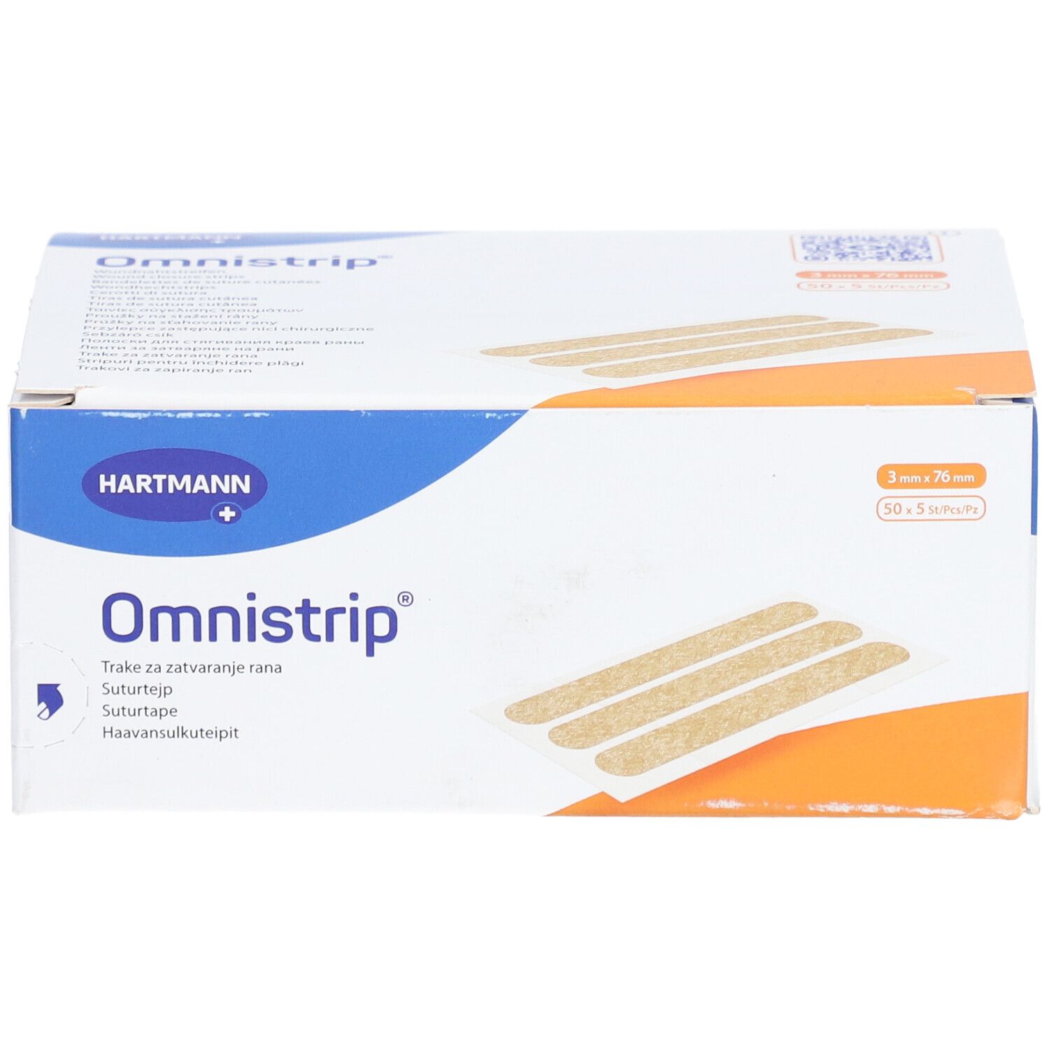 Emballage Omnistrip, Hartmann. Inscription: Omnistrip, logo Hartmann. Image du produit avec trois bandes. Taille: 3 mm x 76 mm.