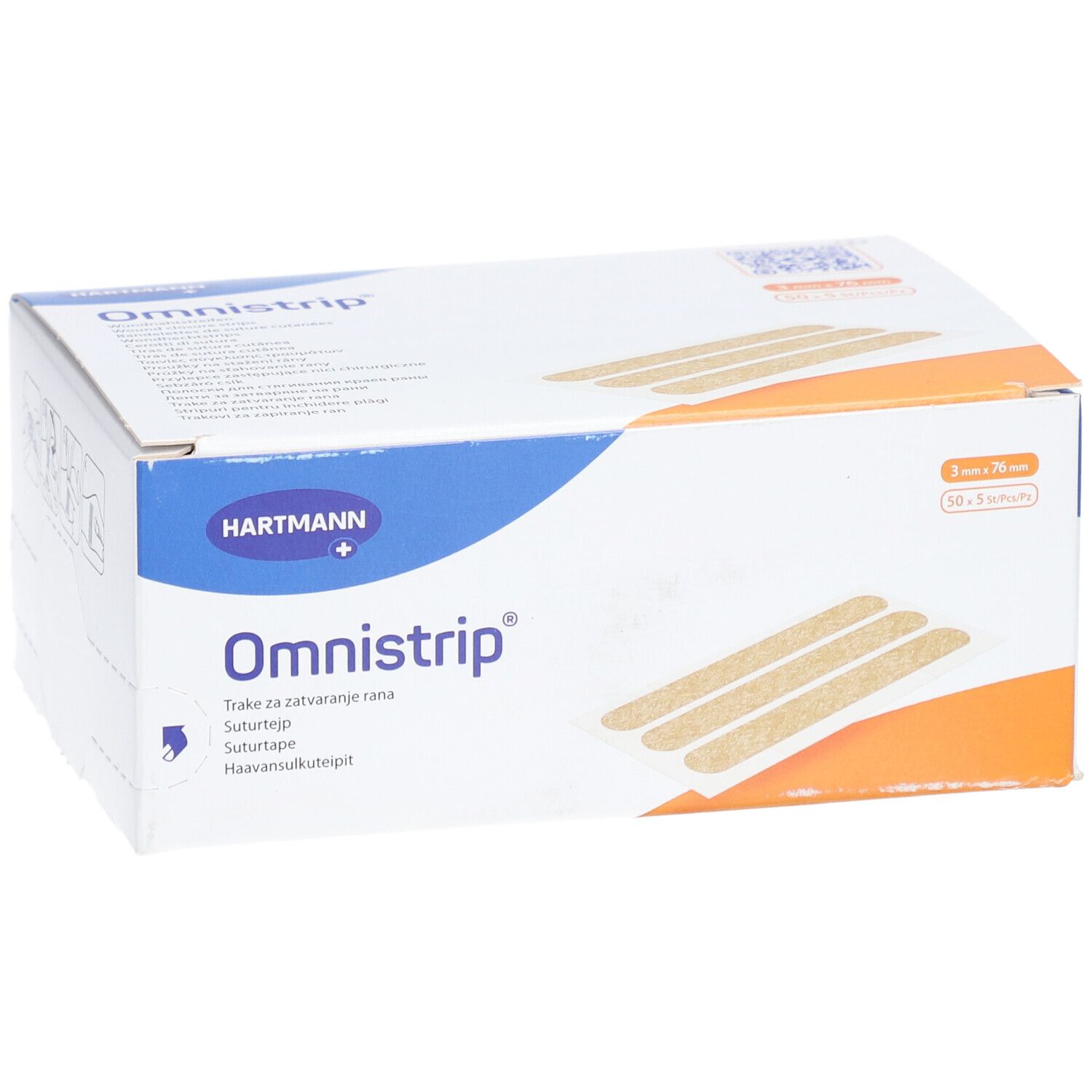 Emballage Omnistrip, Hartmann. Inscription: Omnistrip, logo Hartmann. Image du produit avec trois bandes. Taille: 3 mm x 76 mm.