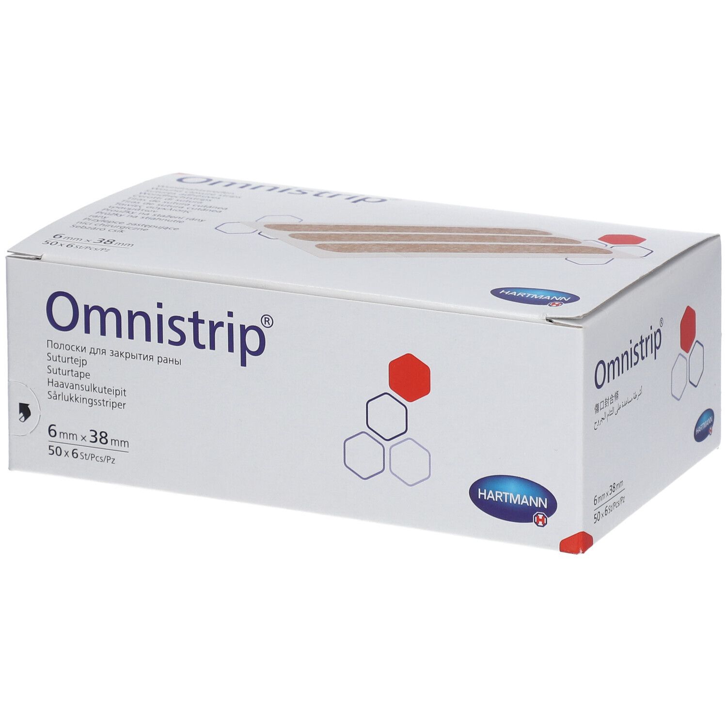 Boîte de bandes Omnistrip. Inscription: Omnistrip, 6 mm x 38 mm, 50 x 6 pièces. Logo Hartmann.