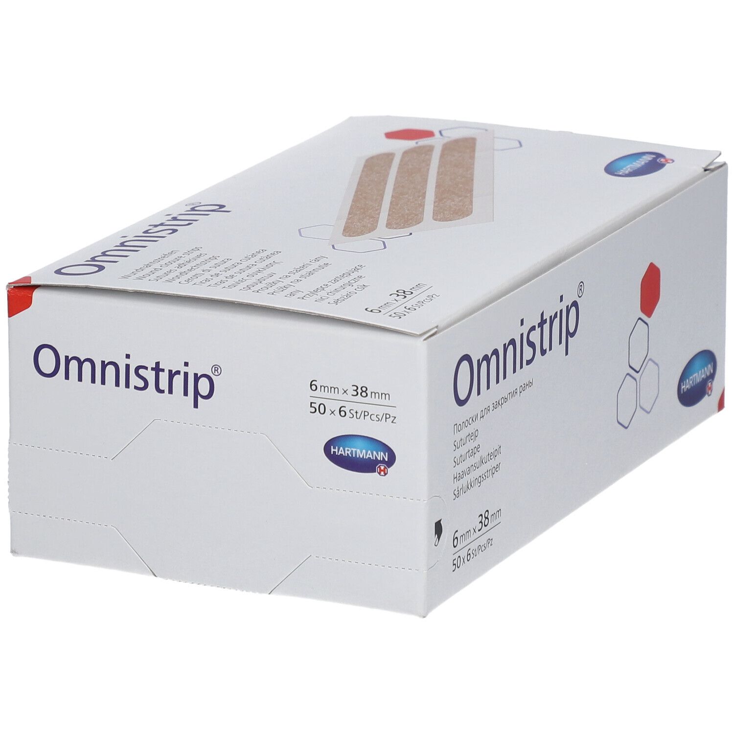 Boîte de bandes Omnistrip. Inscription: Omnistrip, 6 mm x 38 mm, 50 x 6 pièces. Logo Hartmann.