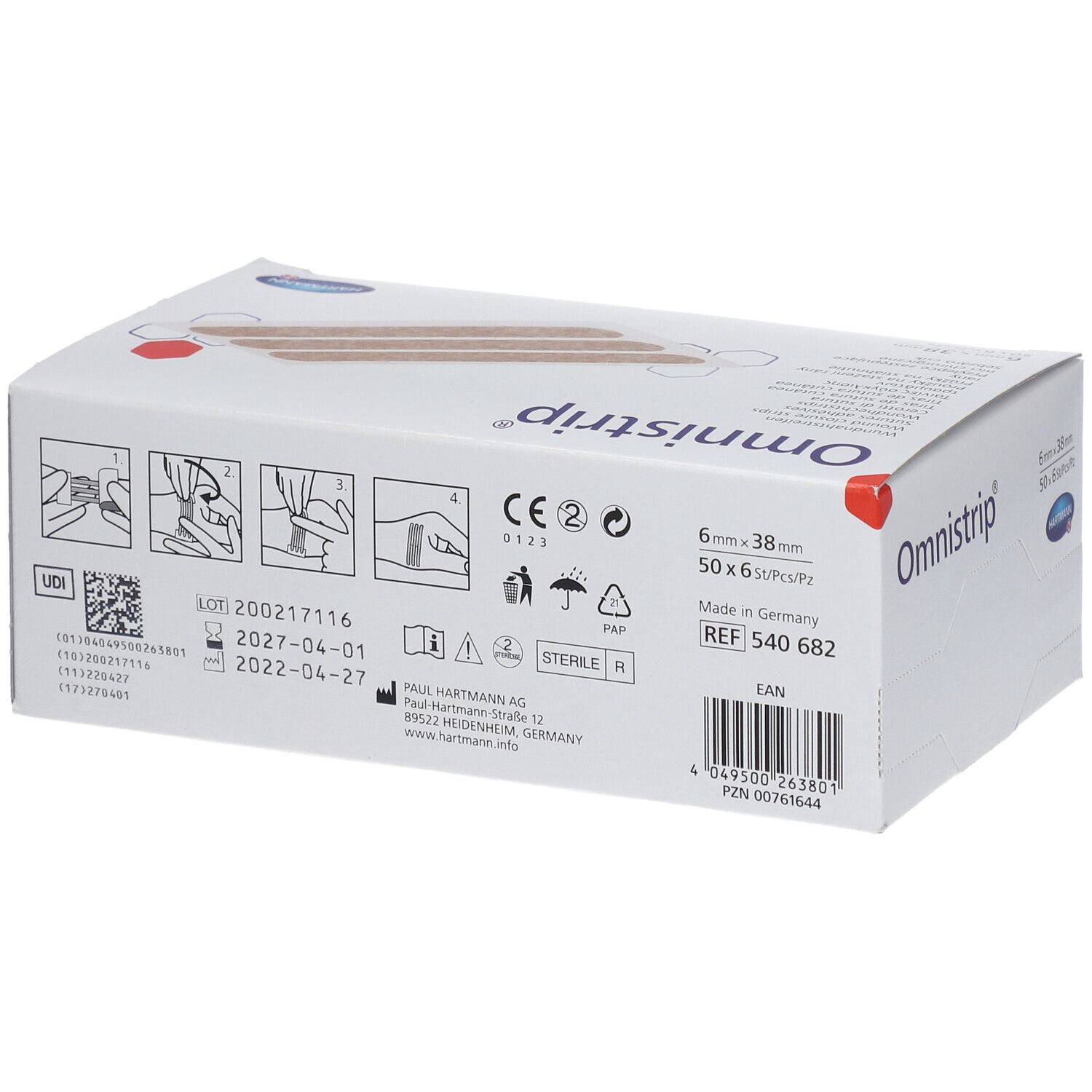 Dos de l'emballage Omnistrip. Informations sur l'utilisation, le marquage CE, la stérilité et le fabricant.