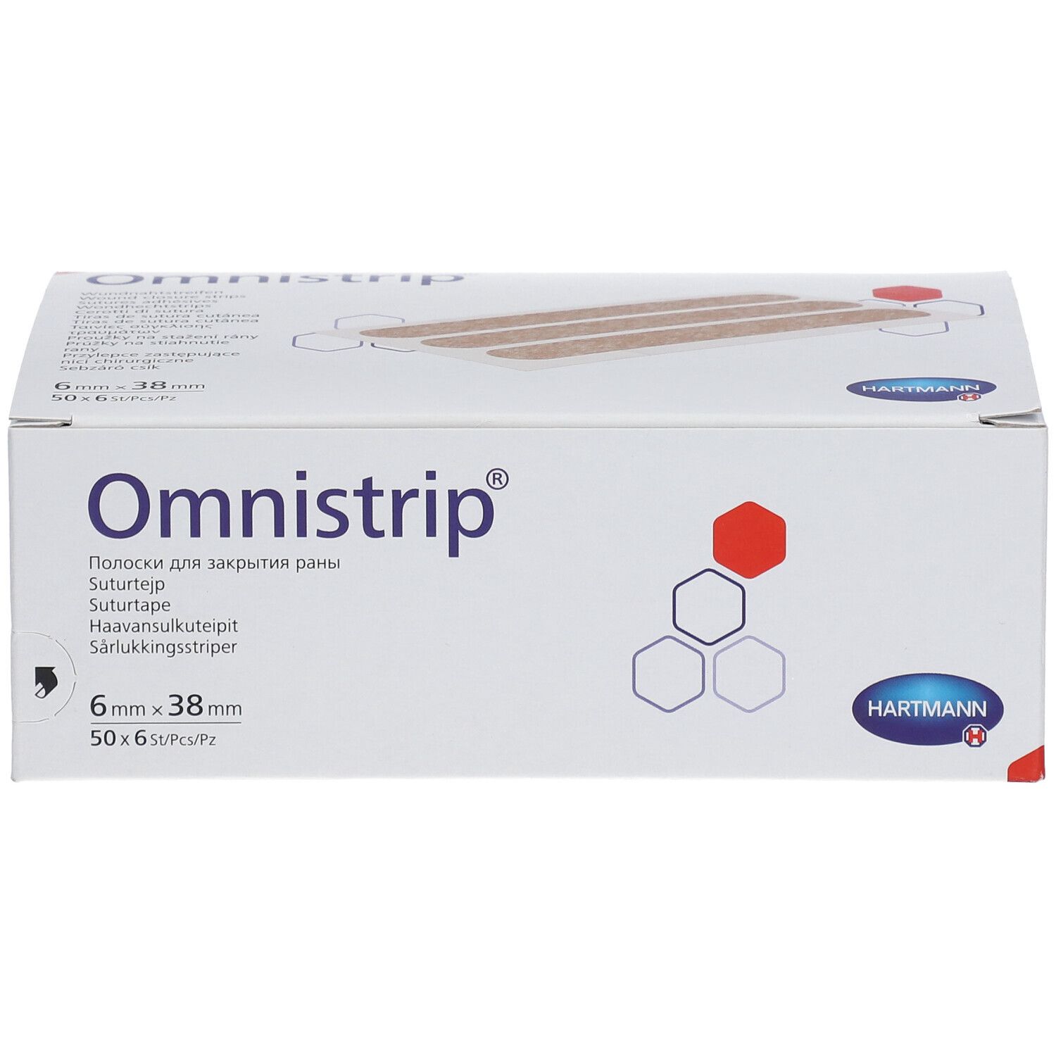 Boîte de bandes Omnistrip. Inscription: Omnistrip, 6 mm x 38 mm, 50 x 6 pièces. Logo Hartmann.