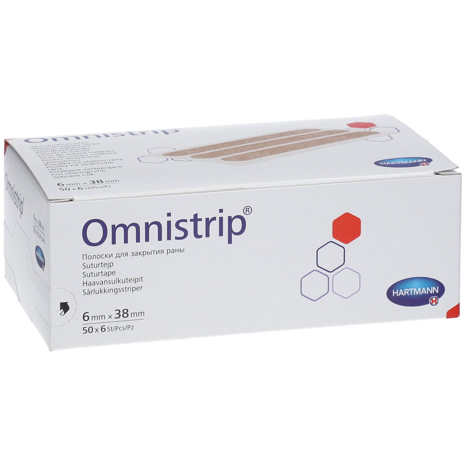 Boîte de bandes Omnistrip. Inscription: Omnistrip, 6 mm x 38 mm, 50 x 6 pièces. Logo Hartmann.
