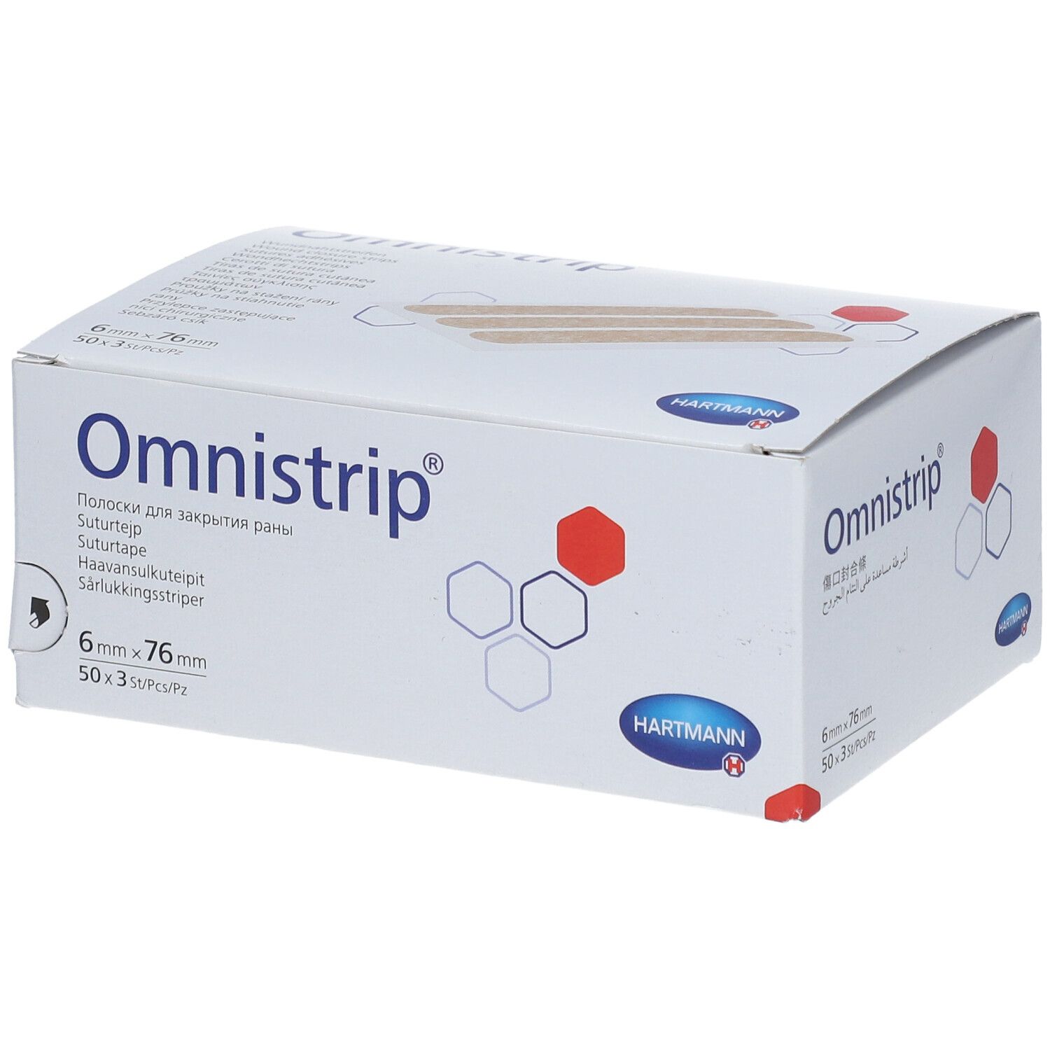 Boîte blanche Omnistrip. Contient des sutures adhésives. Dimensions : 6 x 76 mm. Marque : Hartmann.