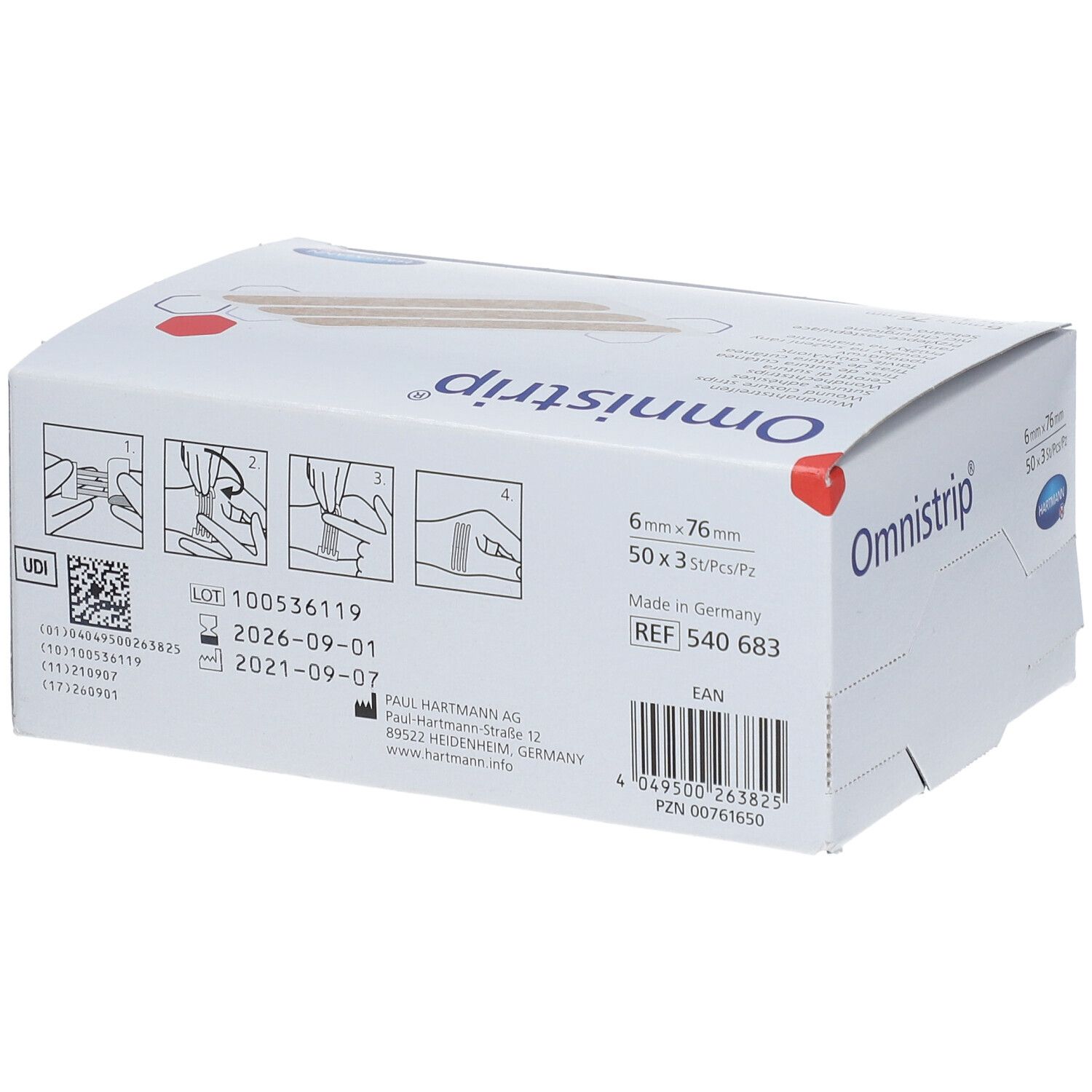 Boîte blanche Omnistrip. Contient des sutures adhésives. Dimensions : 6 x 76 mm. Marque : Hartmann. Avec notice.