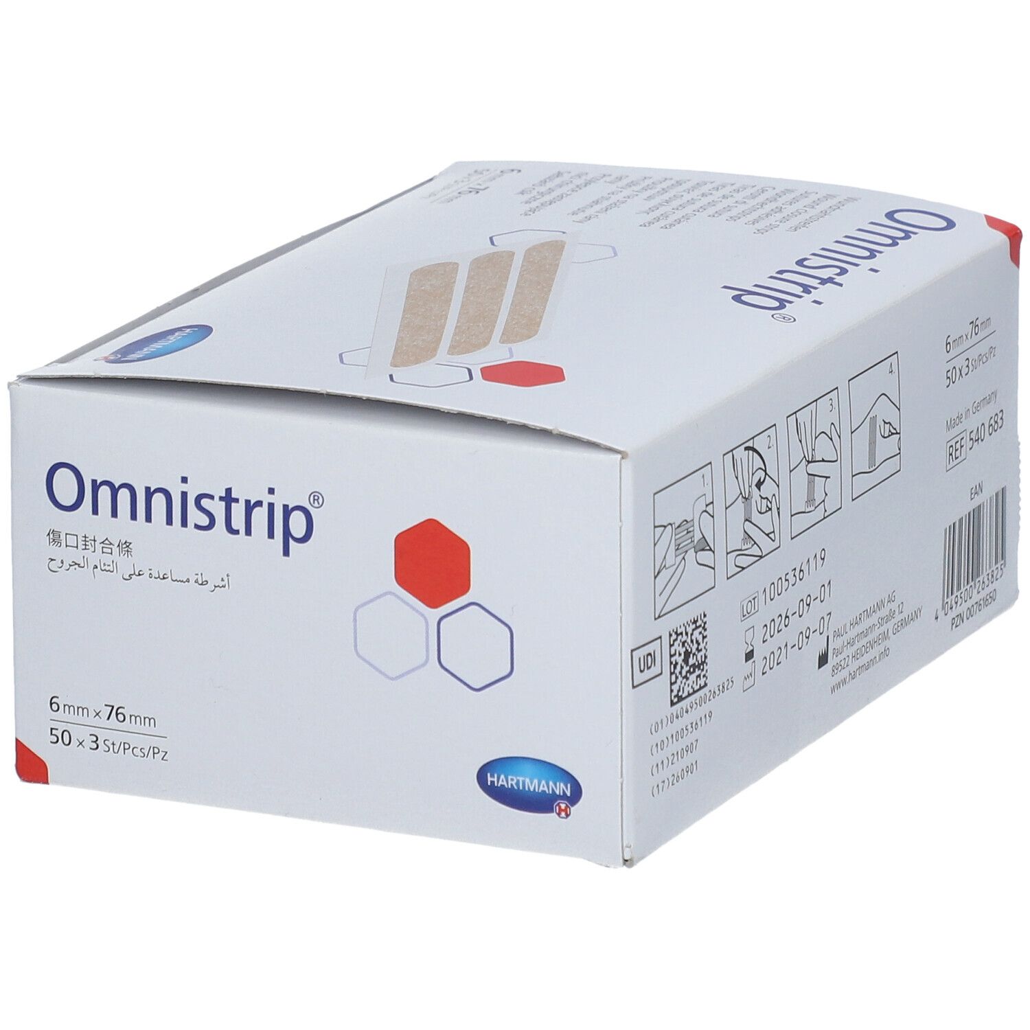 Boîte blanche Omnistrip. Contient des sutures adhésives. Dimensions : 6 x 76 mm. Marque : Hartmann.