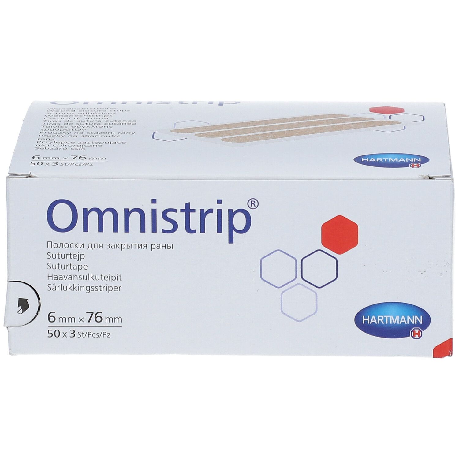 Boîte blanche Omnistrip. Contient des sutures adhésives. Dimensions : 6 x 76 mm. Marque : Hartmann.