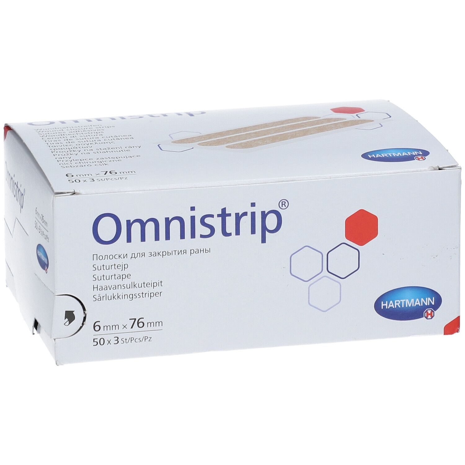 Boîte blanche Omnistrip. Contient des sutures adhésives. Dimensions : 6 x 76 mm. Marque : Hartmann.