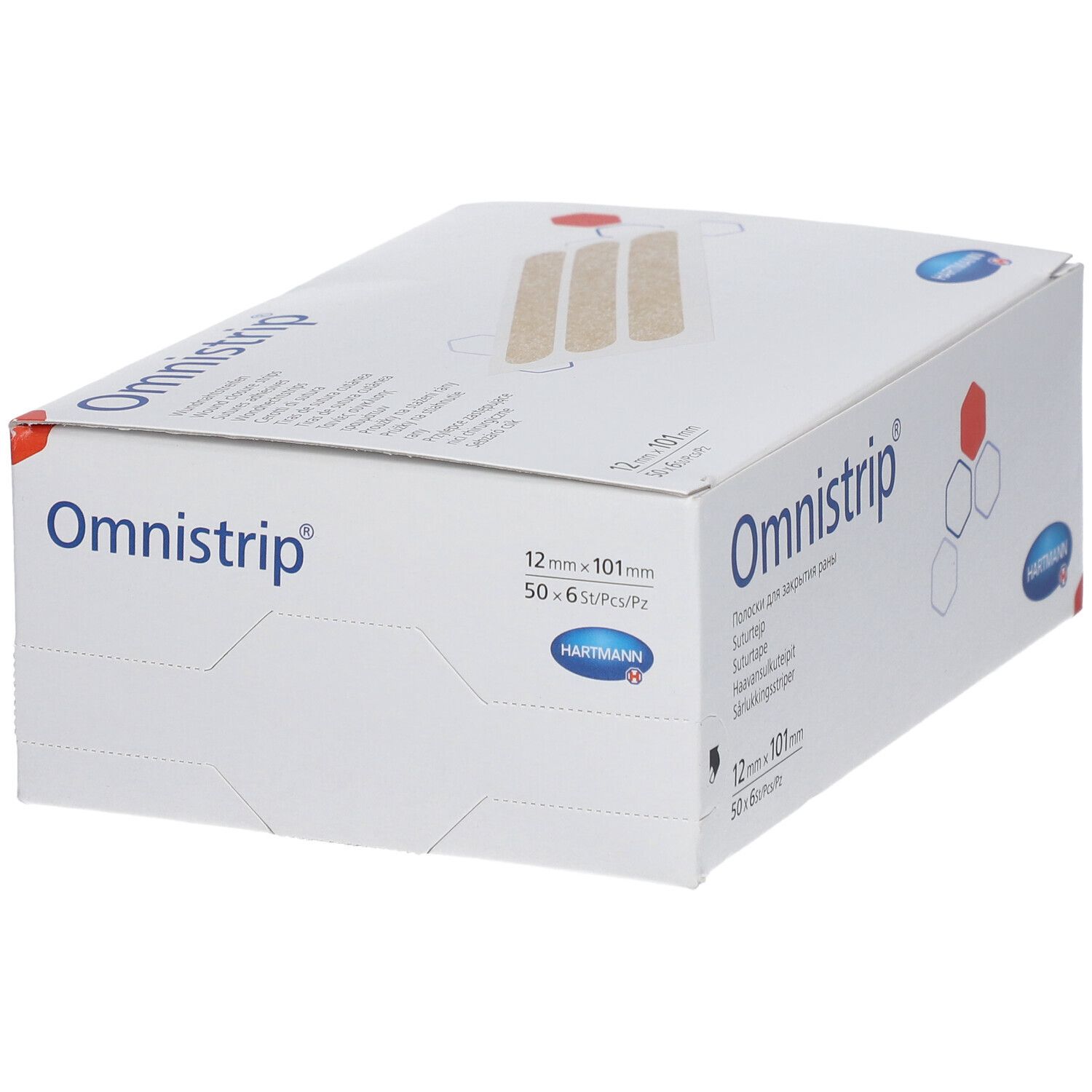 Boîte de bandes Omnistrip. Inscription: Omnistrip, 12 mm x 101 mm. Logo Hartmann. Trois bandes sont représentées.
