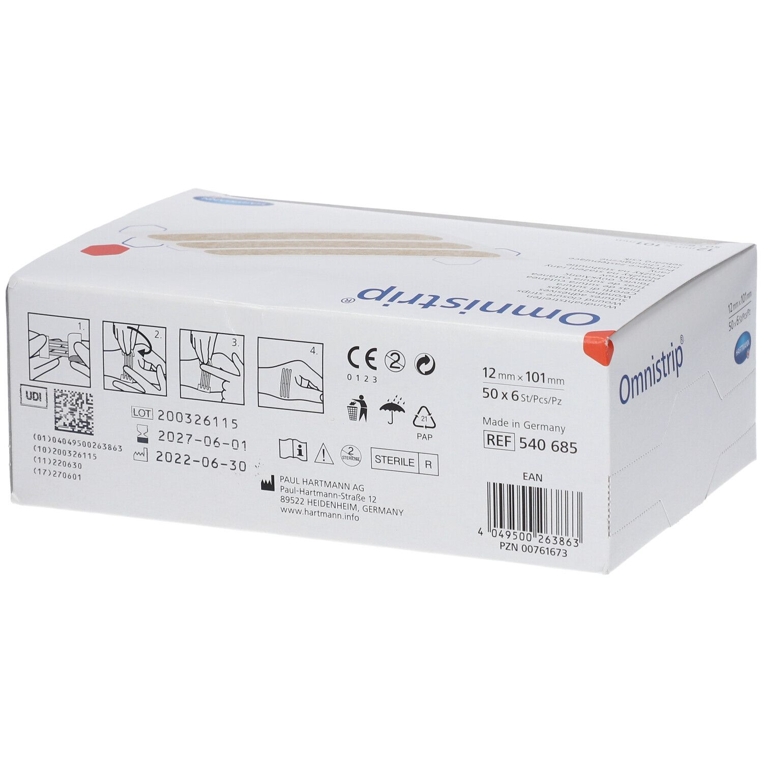 Dos de l'emballage Omnistrip. Inscription: Omnistrip, 12 mm x 101 mm. Marquage CE. Date de péremption 2022-06-30.