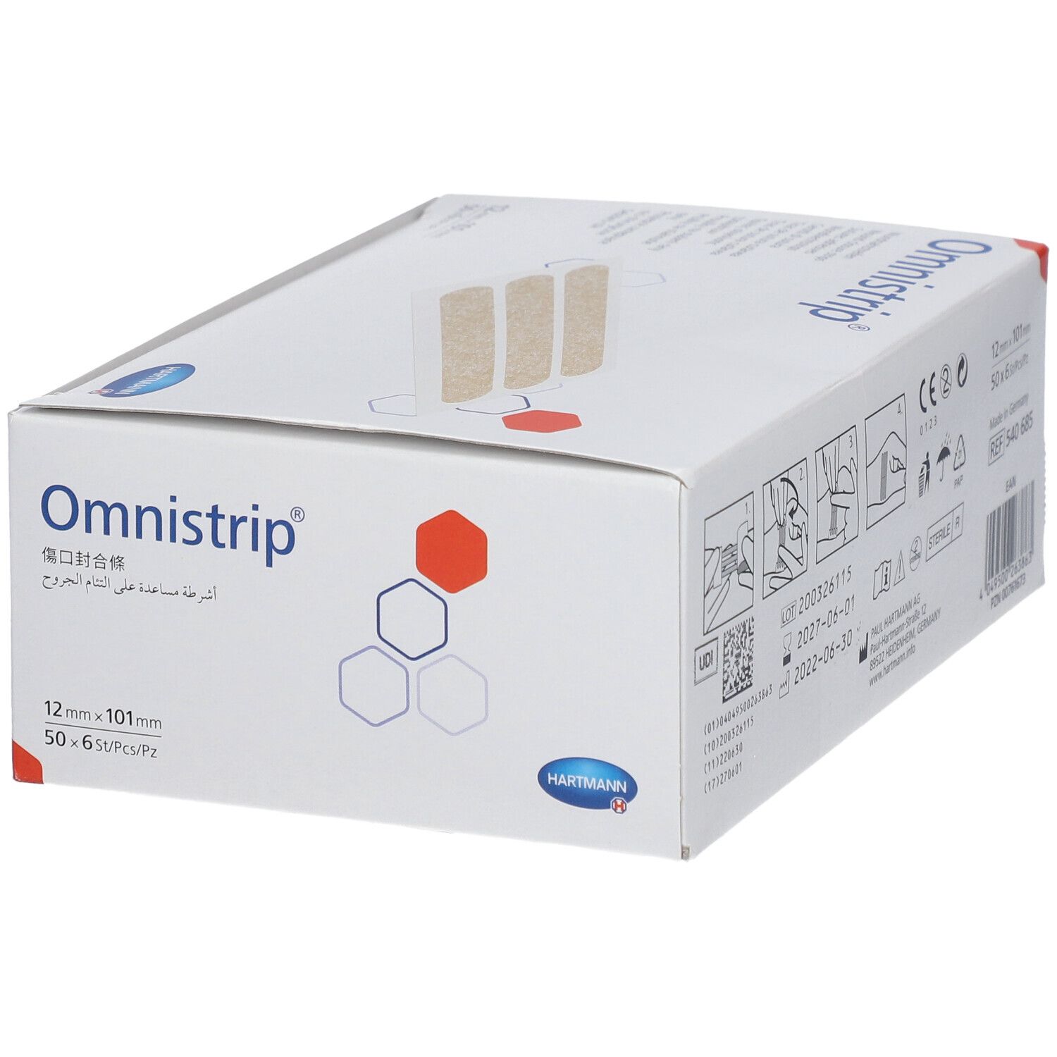 Boîte de bandes Omnistrip. Inscription: Omnistrip, 12 mm x 101 mm. Logo Hartmann. Trois bandes sont représentées.