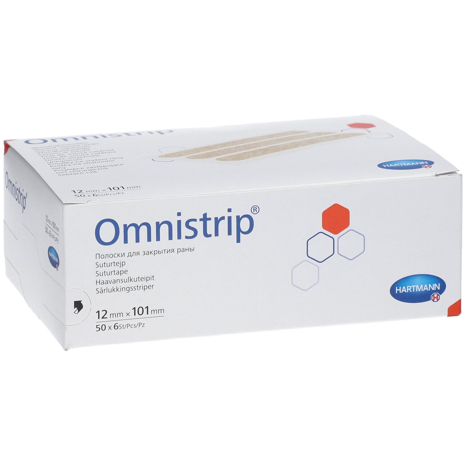 Boîte de bandes Omnistrip. Inscription: Omnistrip, 12 mm x 101 mm. Logo Hartmann. Six bandes sont représentées.