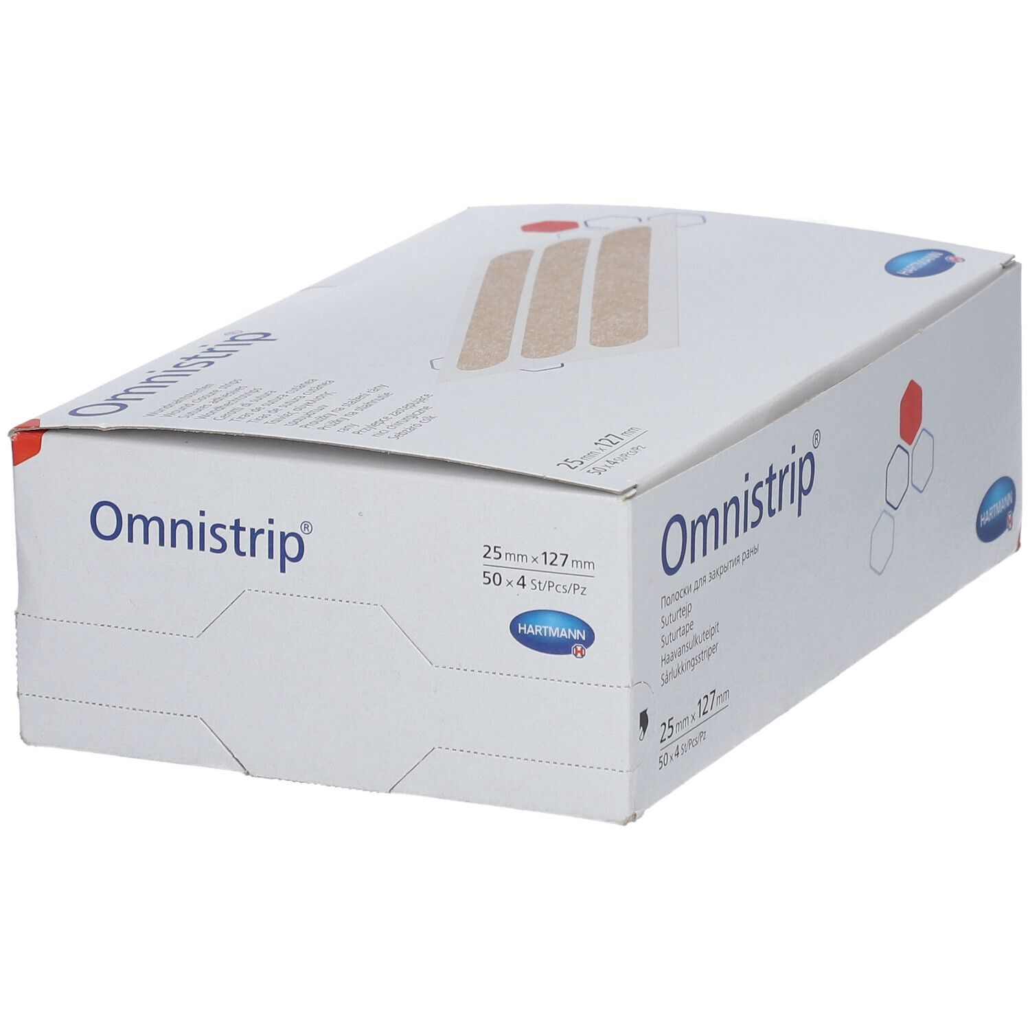 Boîte Omnistrip blanche ouverte. Montre des strips. Taille 25x127mm. Logo Hartmann.