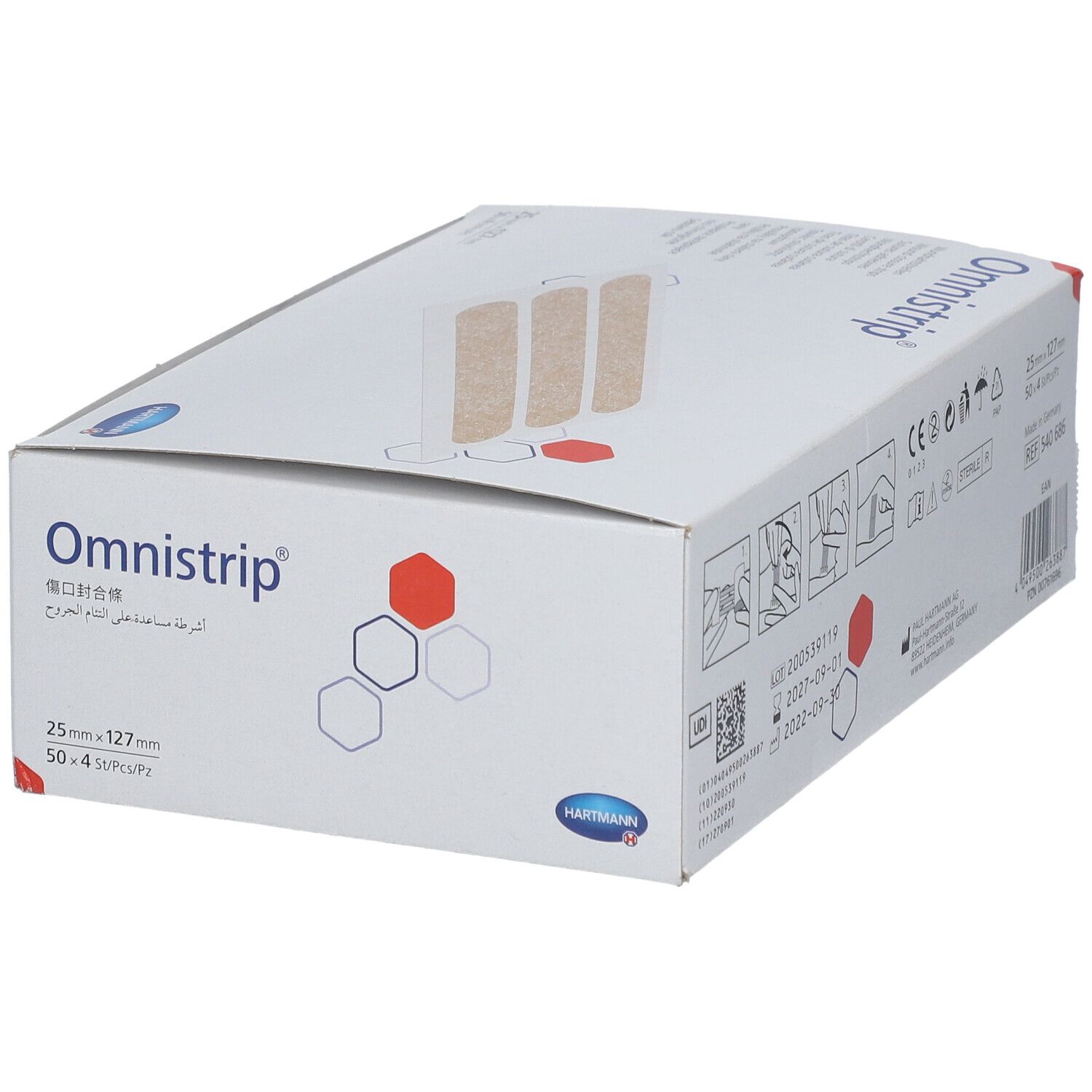 Boîte Omnistrip avec textes multilingues. Taille 25x127mm. Logo Hartmann.