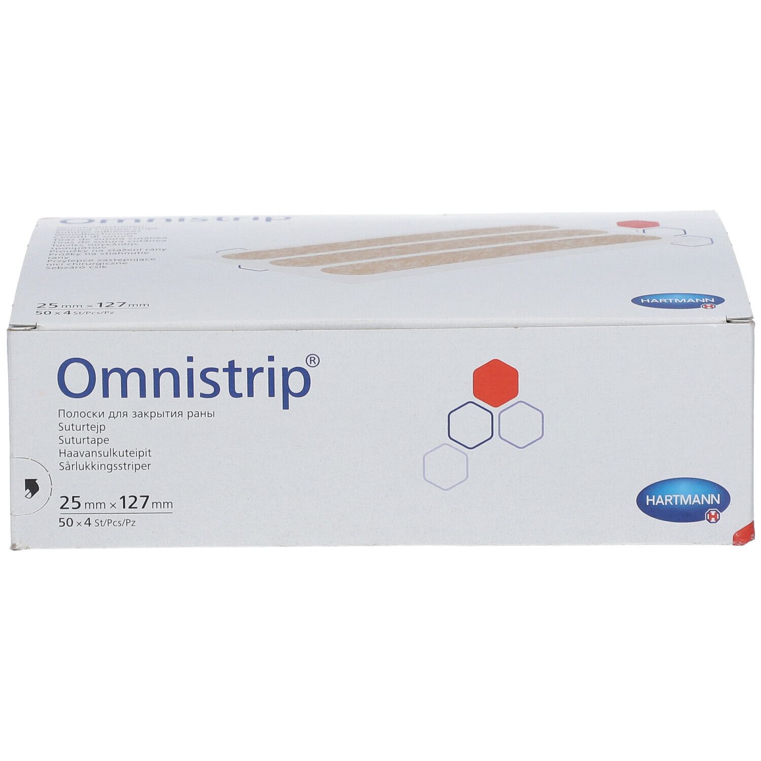 Boîte Omnistrip avec texte russe. Taille 25x127mm. Logo Hartmann.