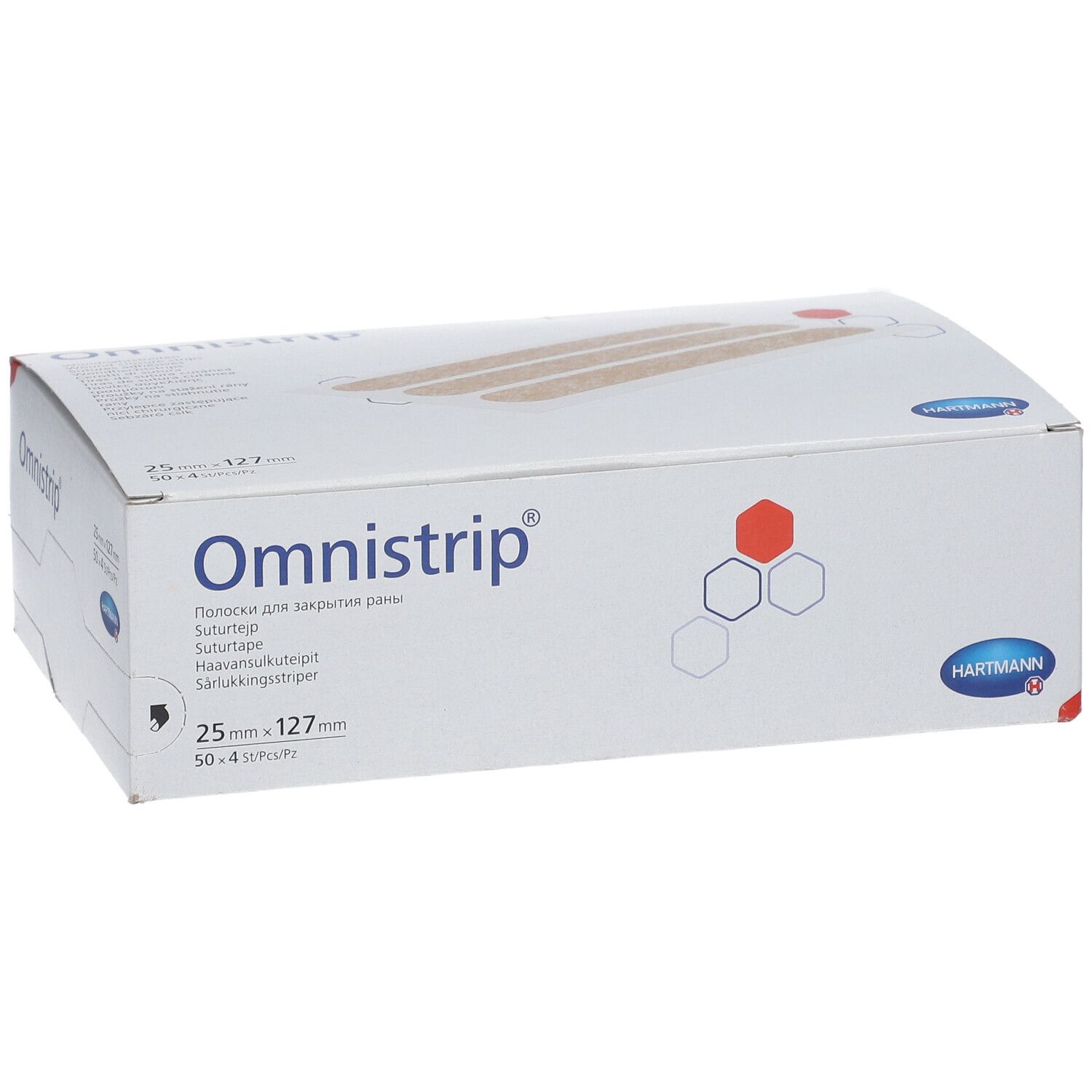 Boîte Omnistrip avec texte russe. Taille 25x127mm. Logo Hartmann.