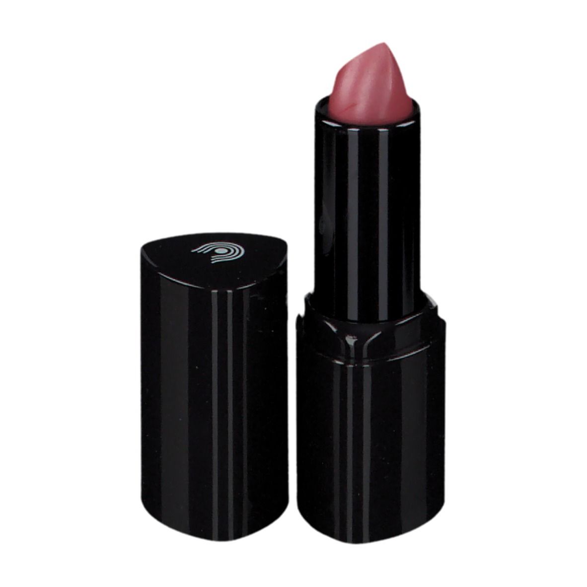 Rouge à lèvres rose dans un étui noir. Le capuchon est à côté. Logo sur le capuchon.