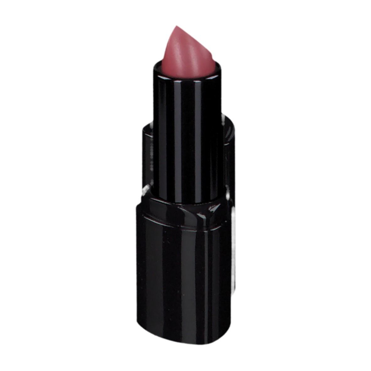 Rouge à lèvres rose dans un étui noir. Rayures verticales sur l'étui.
