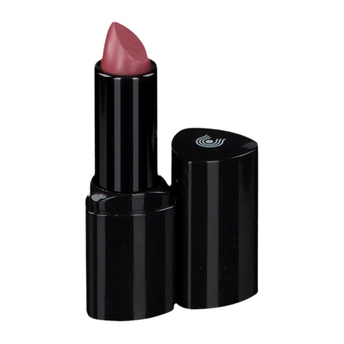 Rouge à lèvres rose dans un étui noir. Le capuchon est à côté. Logo sur le capuchon.