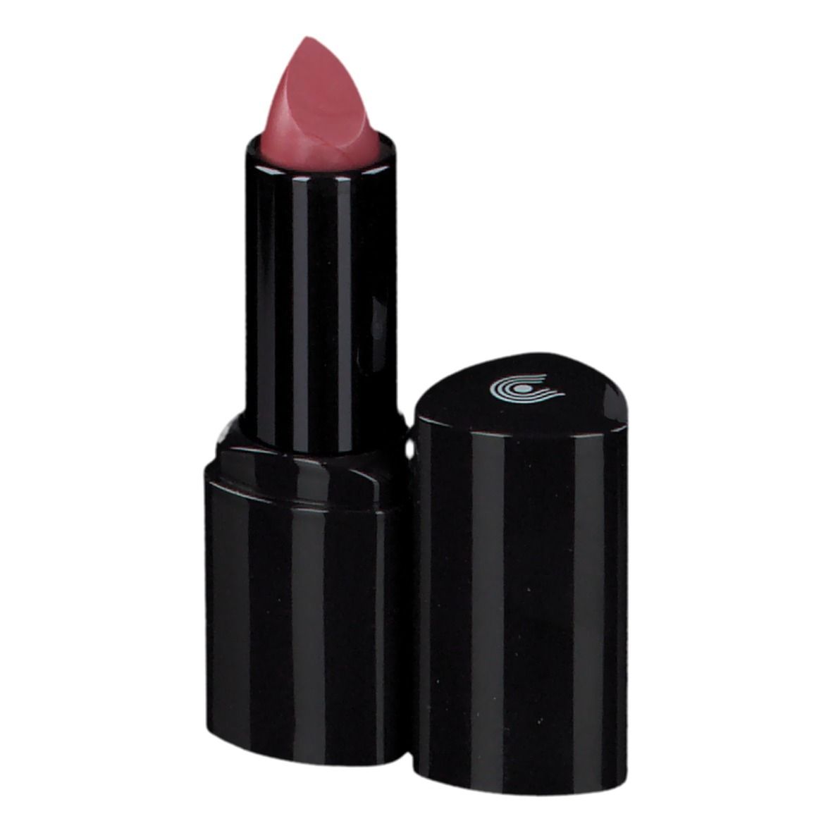 Rouge à lèvres rose dans un étui noir. Le capuchon est à côté. Logo sur le capuchon.