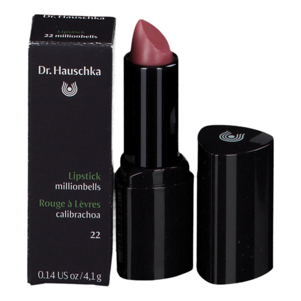 Rouge à lèvres avec emballage. Boîte noire avec nom du produit et logo. Rouge à lèvres à côté.