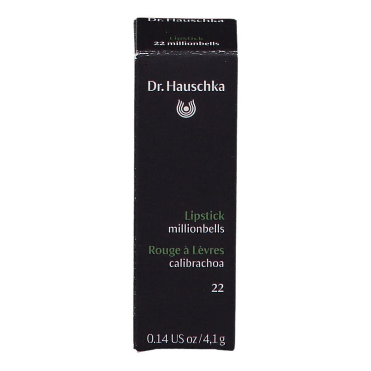 Boîte noire avec nom du produit et logo. Texte en plusieurs langues. Poids indiqué.