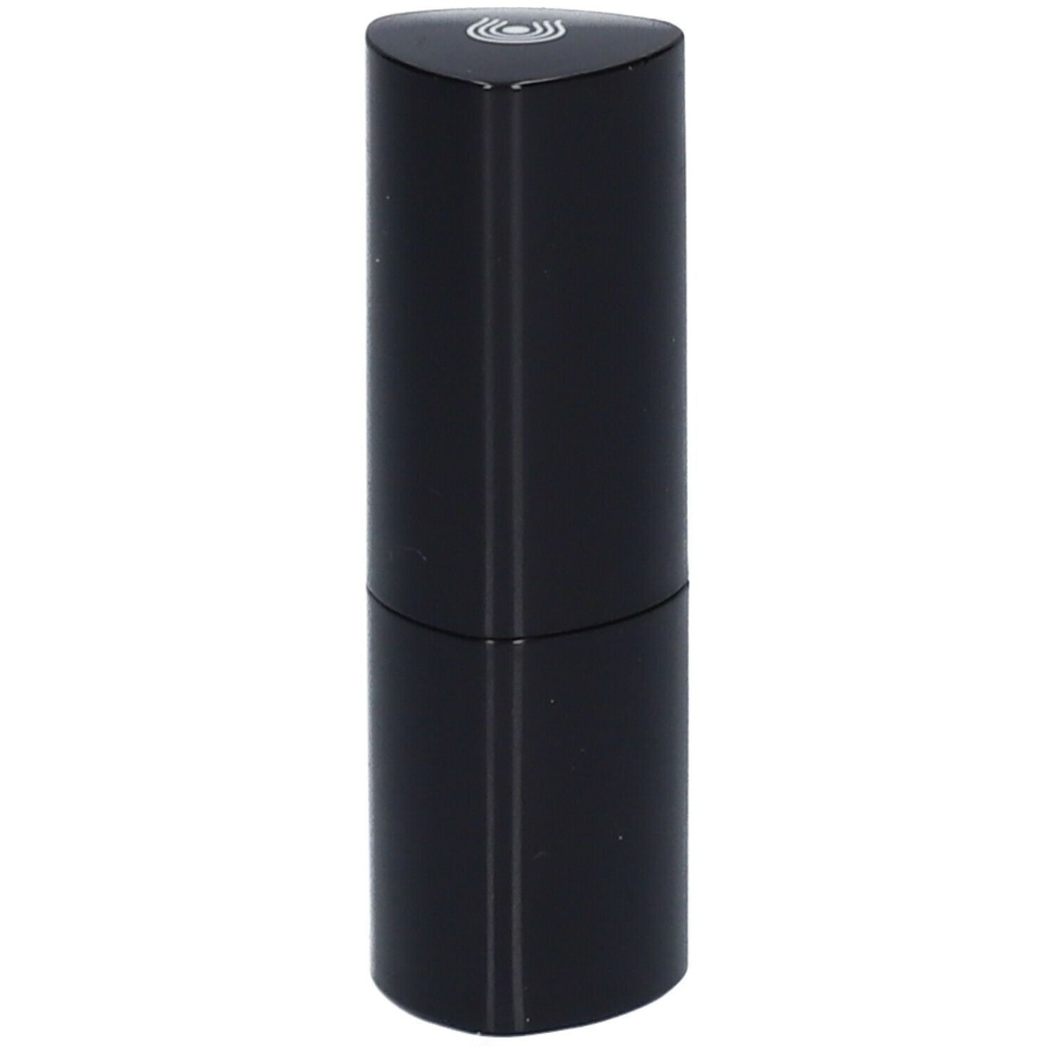 Rouge à lèvres noir dans un étui cylindrique avec un dessus triangulaire. Logo en haut.