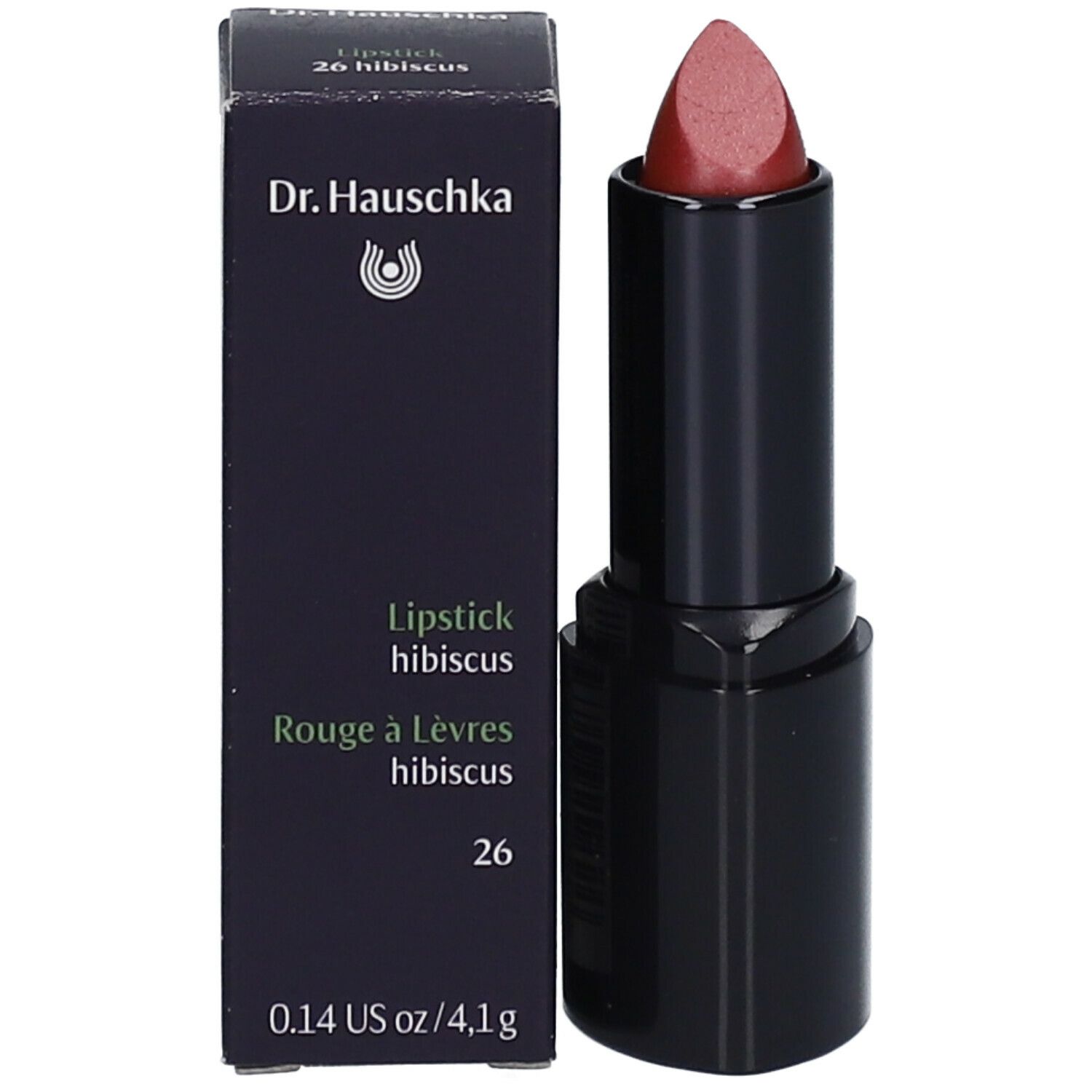 Rouge à lèvres et emballage. Rouge à lèvres noir, étui ouvert, pointe rose. Boîte noire avec texte.