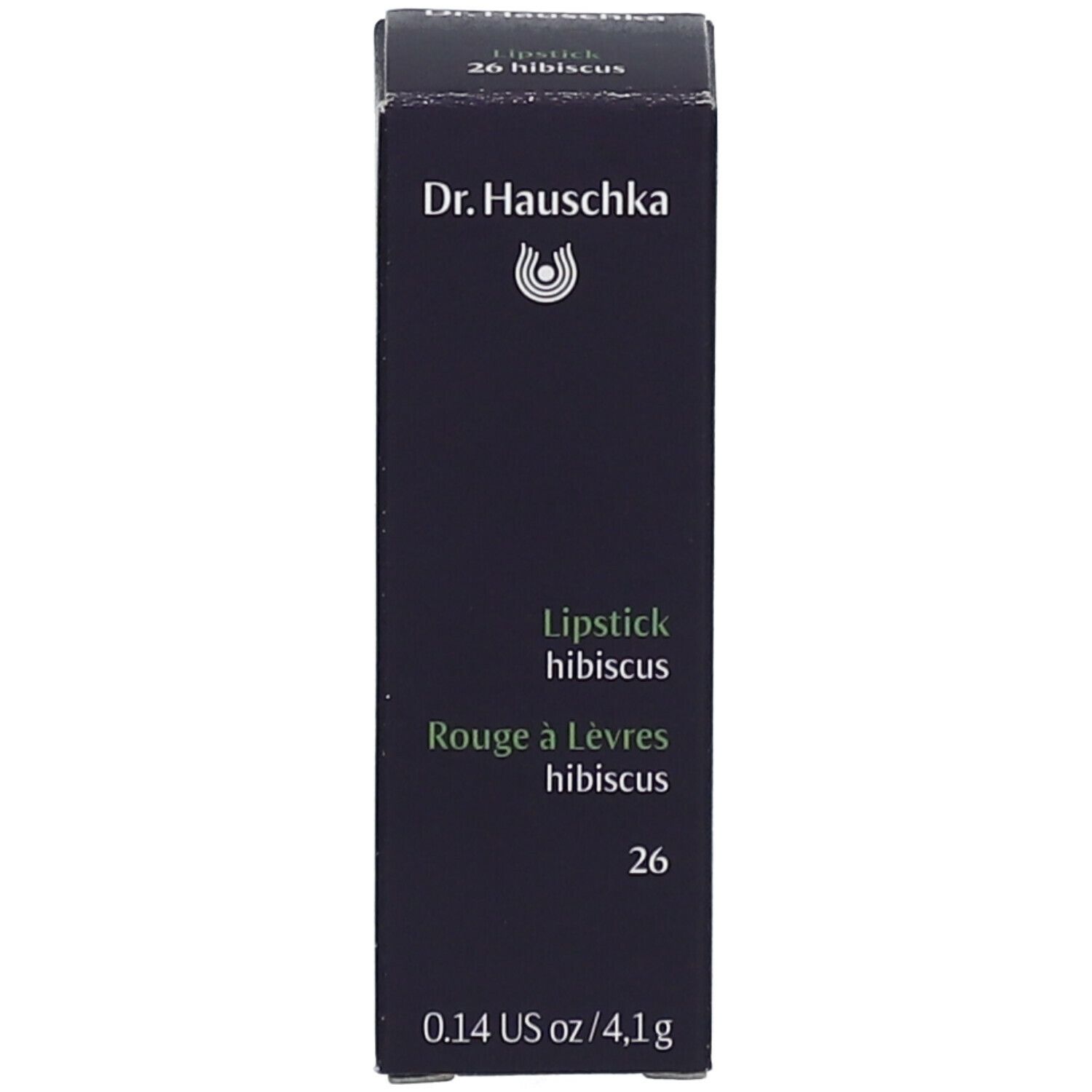 Boîte noire avec texte: Dr. Hauschka, Lipstick hibiscus, Rouge à Lèvres hibiscus, 26, 0.14 oz/4,1 g.