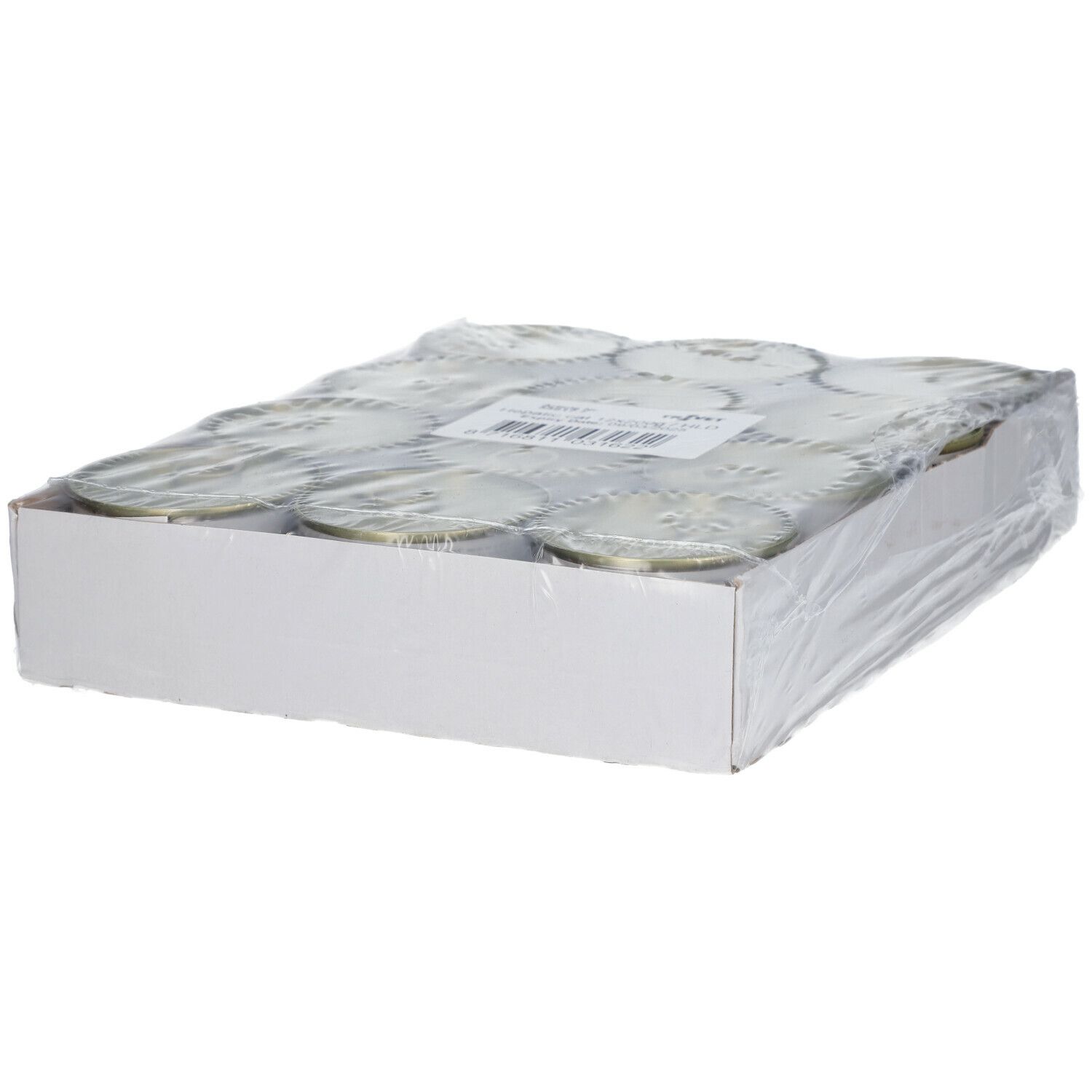 Boîte en carton contenant des boîtes, emballées dans du film plastique. Étiquette visible.