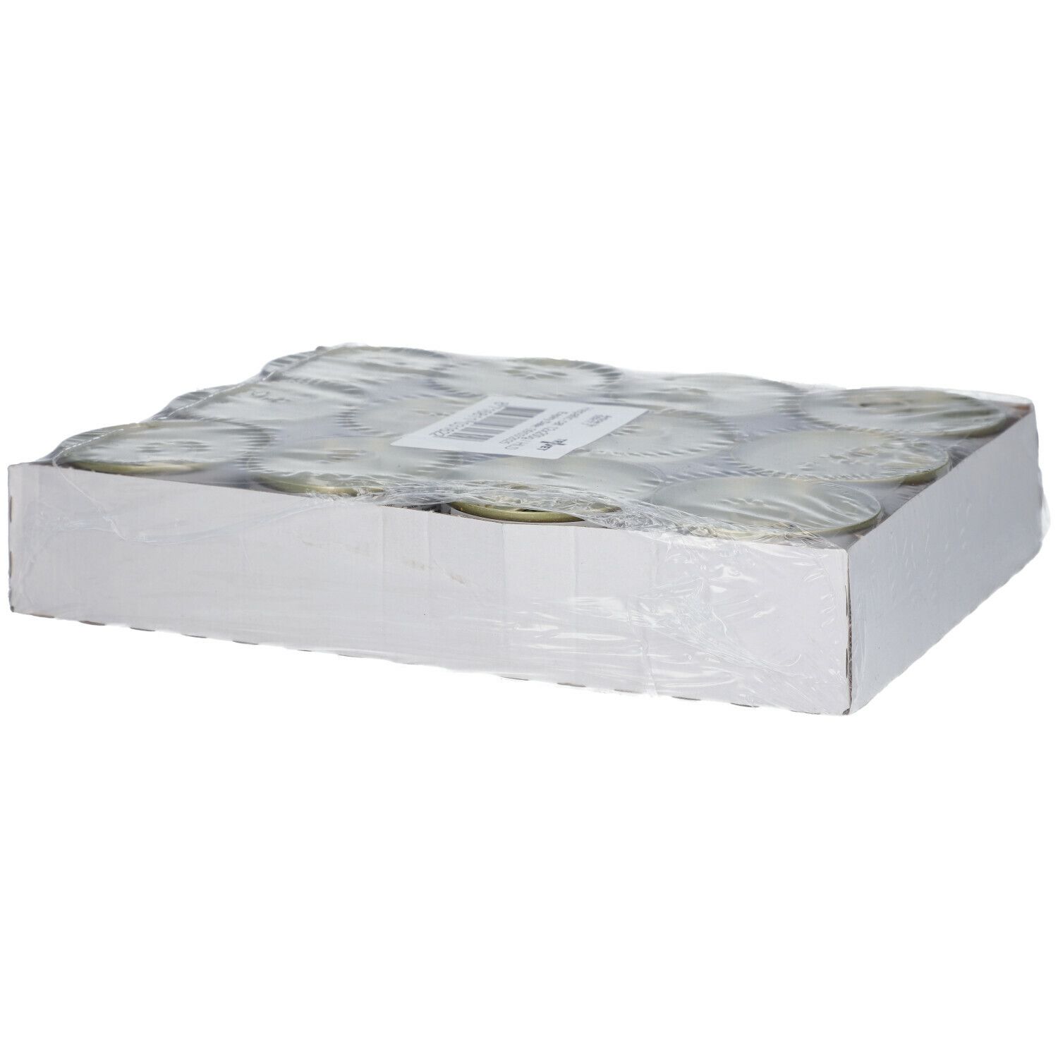 Boîte en carton contenant des boîtes, emballées dans du film plastique. Étiquette visible.