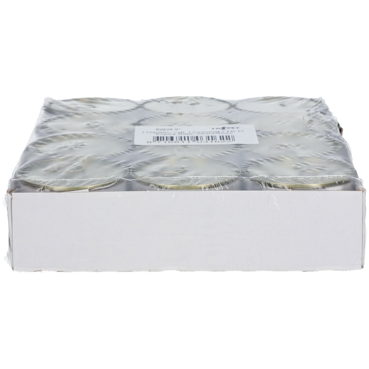 Boîte en carton contenant des boîtes, emballées dans du film plastique. Étiquette visible.