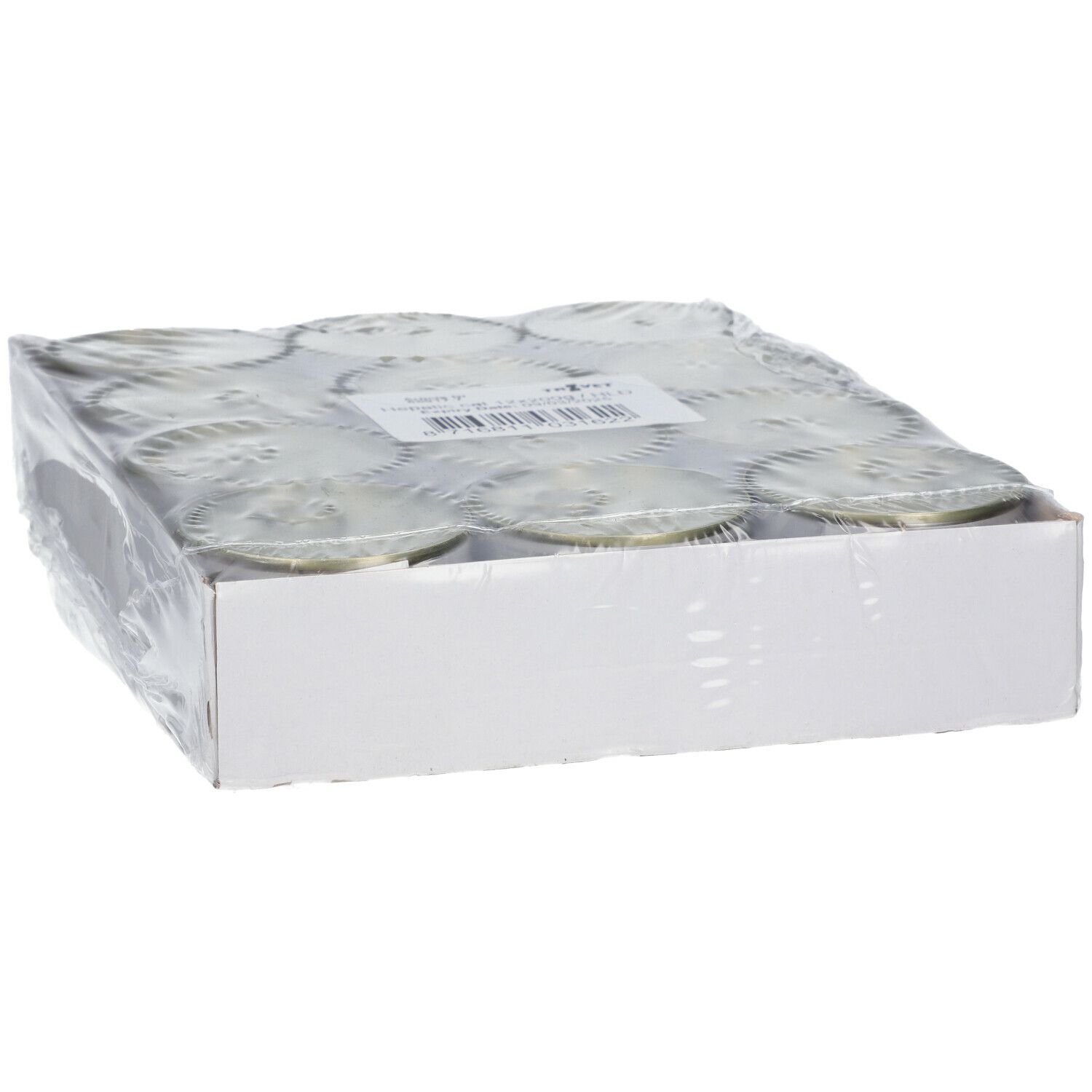 Boîte en carton contenant des boîtes, emballées dans du film plastique. Étiquette visible.