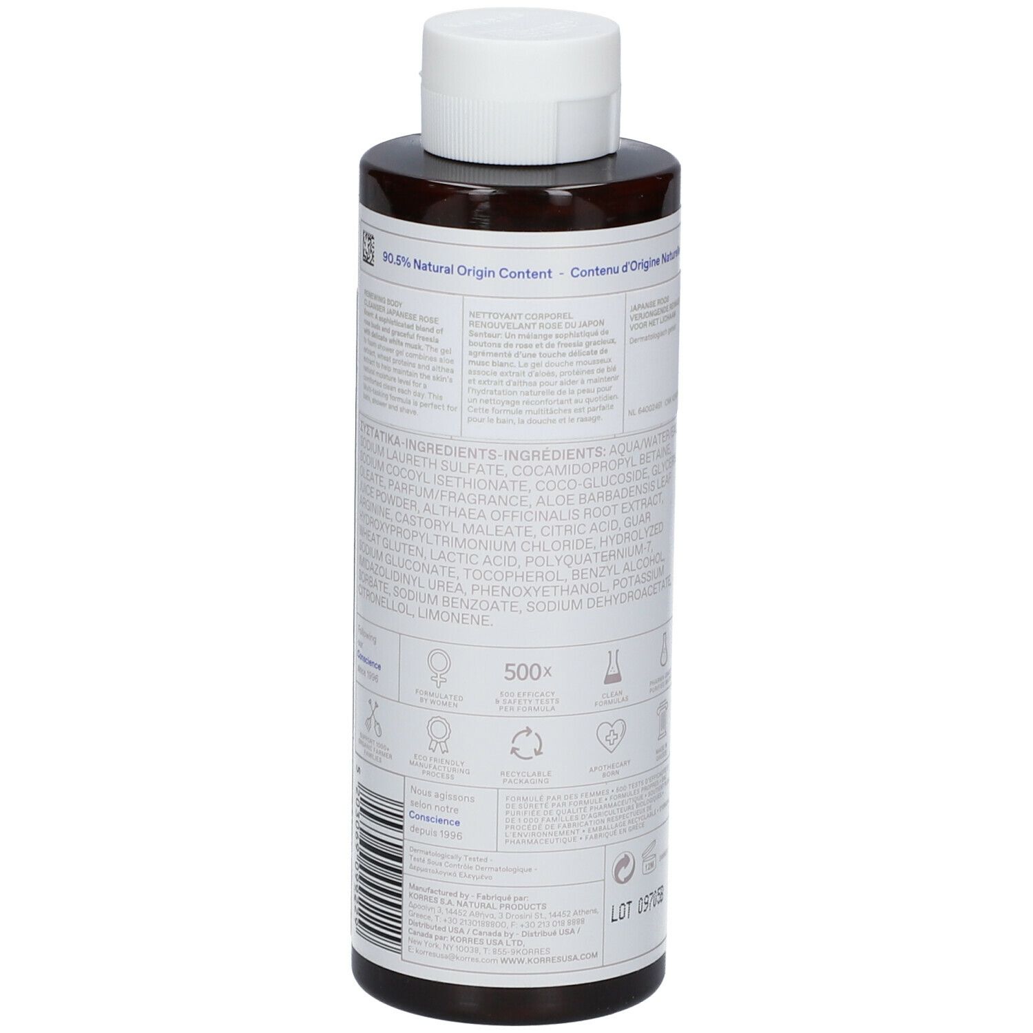 Flacon marron avec bouchon blanc. Étiquette avec ingrédients et logos. 90,8% d'origine naturelle.